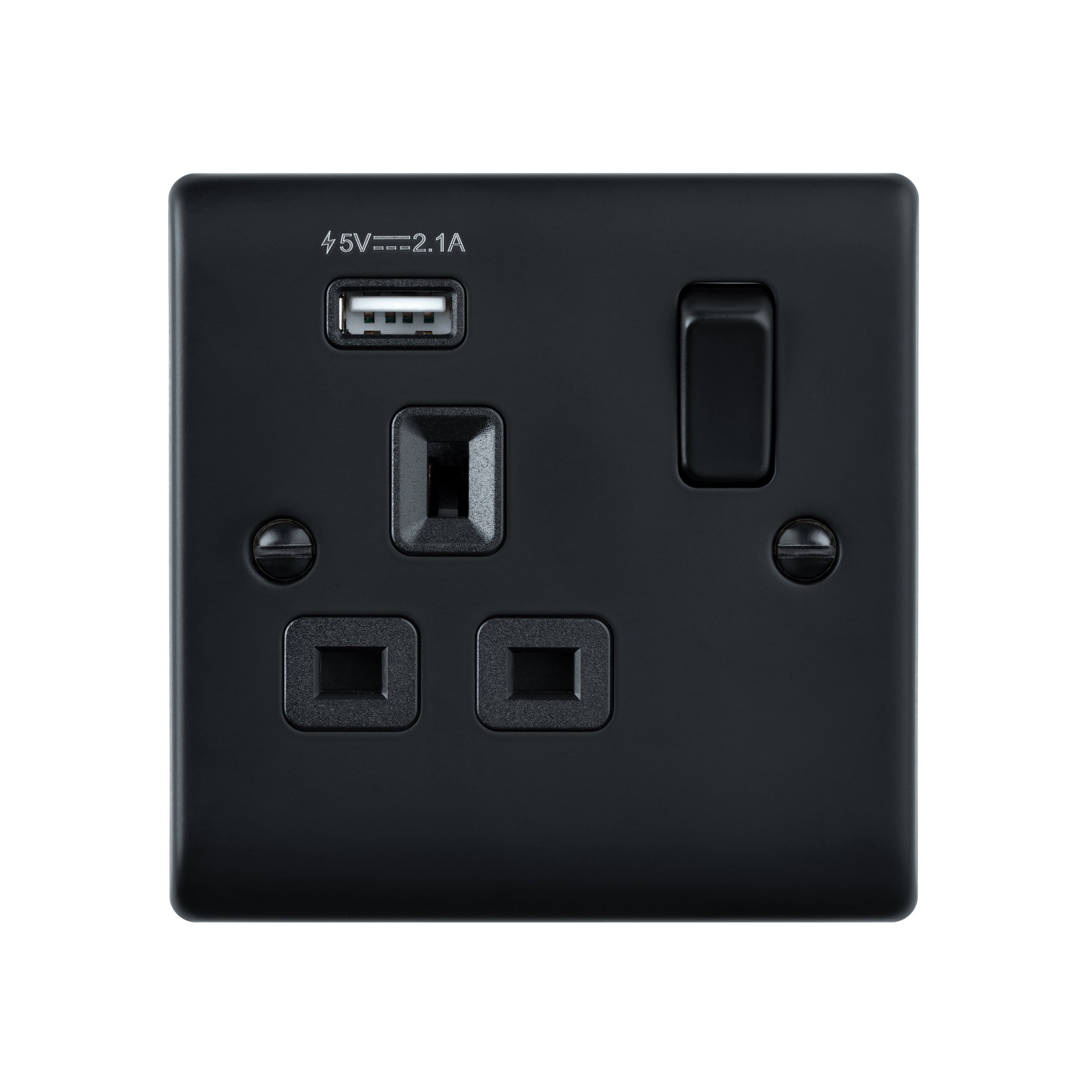 Saxby Raised Screwed 13A 1G DP Switched Socket with 2.1V USB - Matt Black With Black Insert RS413BLB