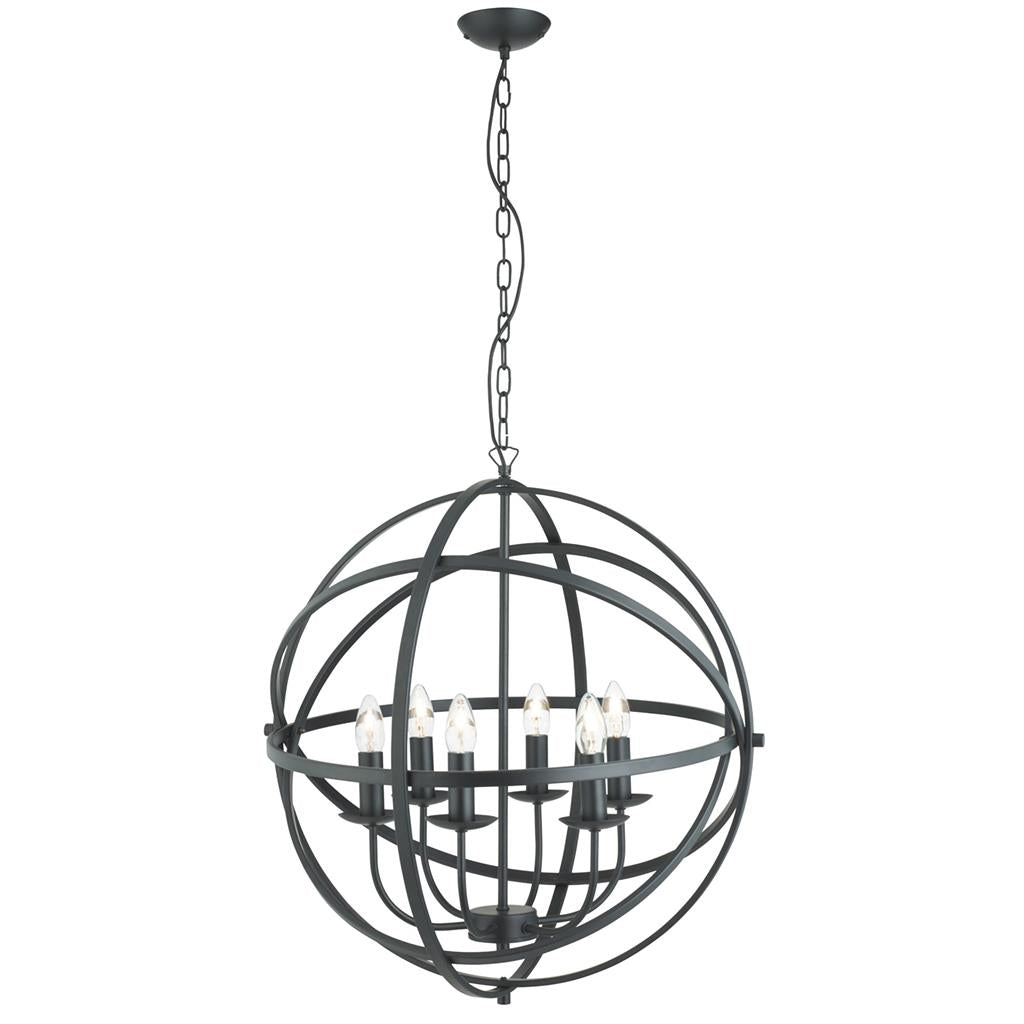 Searchlight Orbit 6Lt Cage Frame Orb Pendant, Matt Black 2476-6Bk