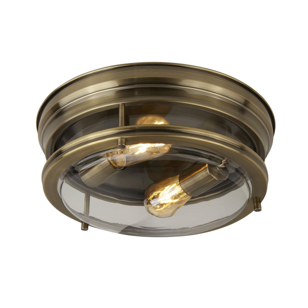 Searchlight Glasgow 2Lt Flush Antique Brass/Clear Glass Ip44 5182Ab