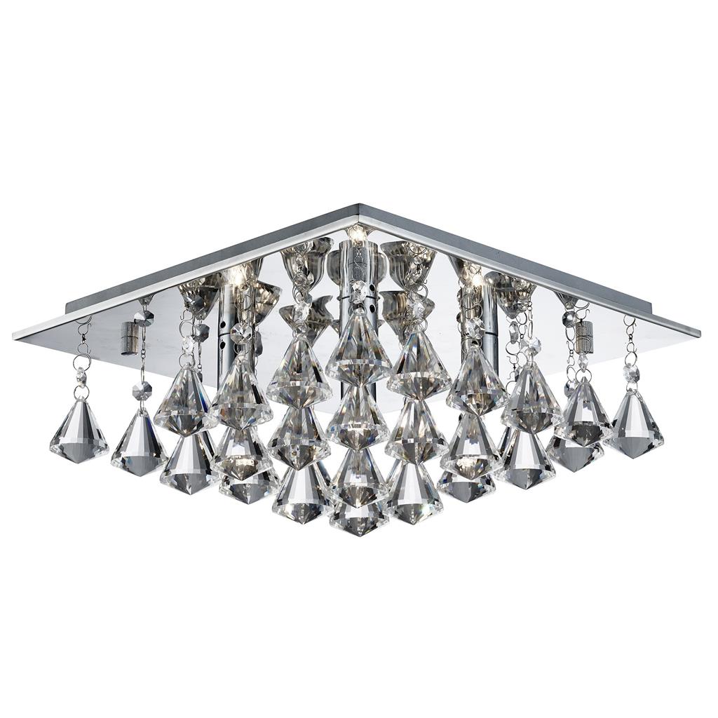 Searchlight Hanna - 4Lt Square Flush Ceiling, Chrome, Clear Crystal Pyramid Drops 7304-4Cc