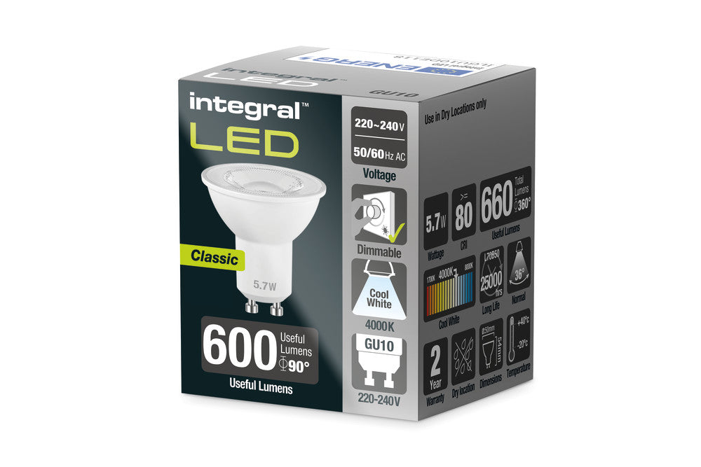 GU10 LED Lamp 660LM 5.7W Cool White 4000K DIMMABLE 36 BEAM INTEGRAL ILGU10DE118