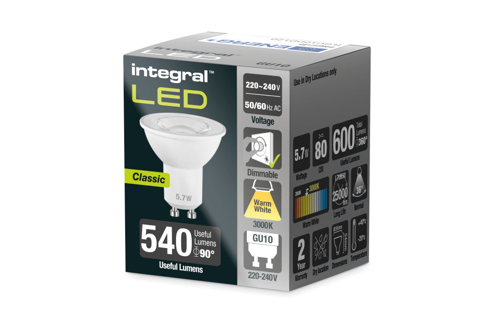 GU10 LED Lamp 600LM 5.7W Warm White 3000K DIMMABLE 36 BEAM INTEGRAL ILGU10DD120