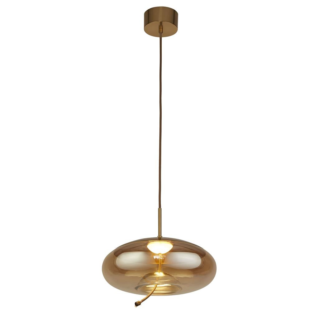 Searchlight Lisbon 1Lt Led Pendant, Satin Brass And Amber Glass 75131-1Am