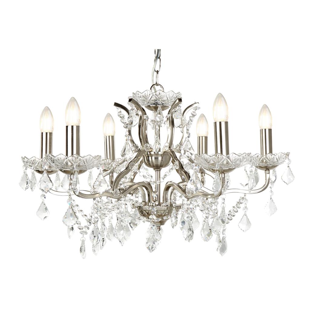 Searchlight Paris 6Lt Chandelier, Clear Crystal Drops & Trim, Satin Silver 8736-6Ss