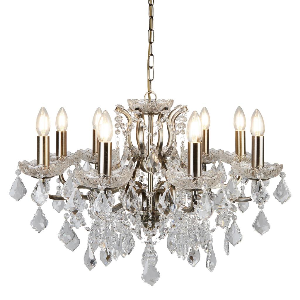 Searchlight Paris 8Lt Chandelier, Clear Crystal Drops & Trim, Antique Brass 8738-8Ab