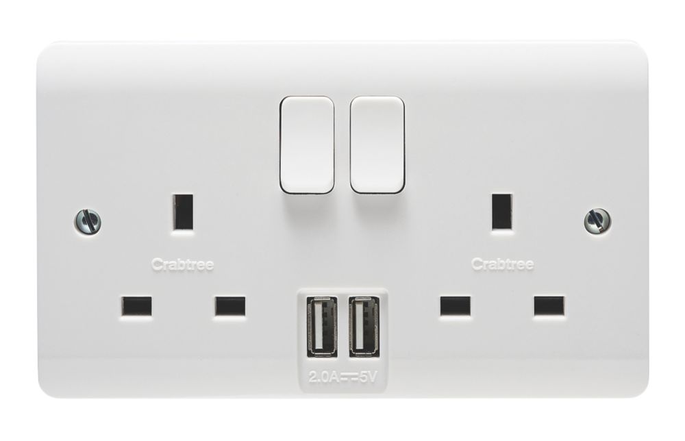 Crabtree Instinct 13A 2-Gang DP Switched Socket + 2.1A 2-Outlet Type A USB Charger White