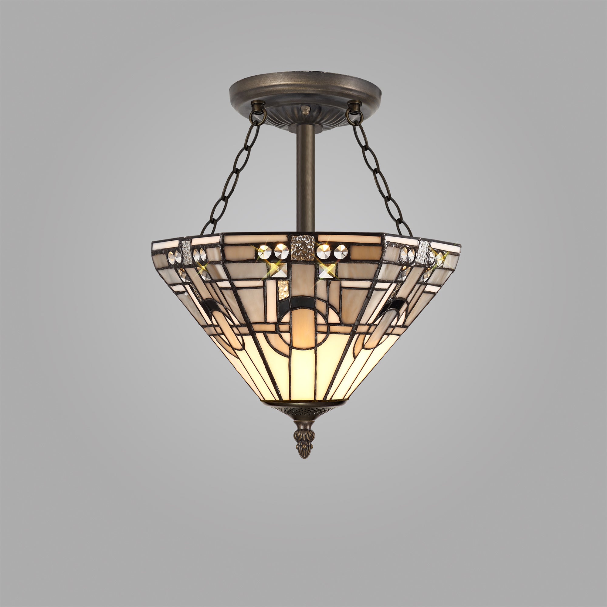 Atek 3 Light E27 Semi Ceiling With Tiffany Shade 30cm Shade, White/Grey/Black/Clear Crystal/Aged Antique Brass