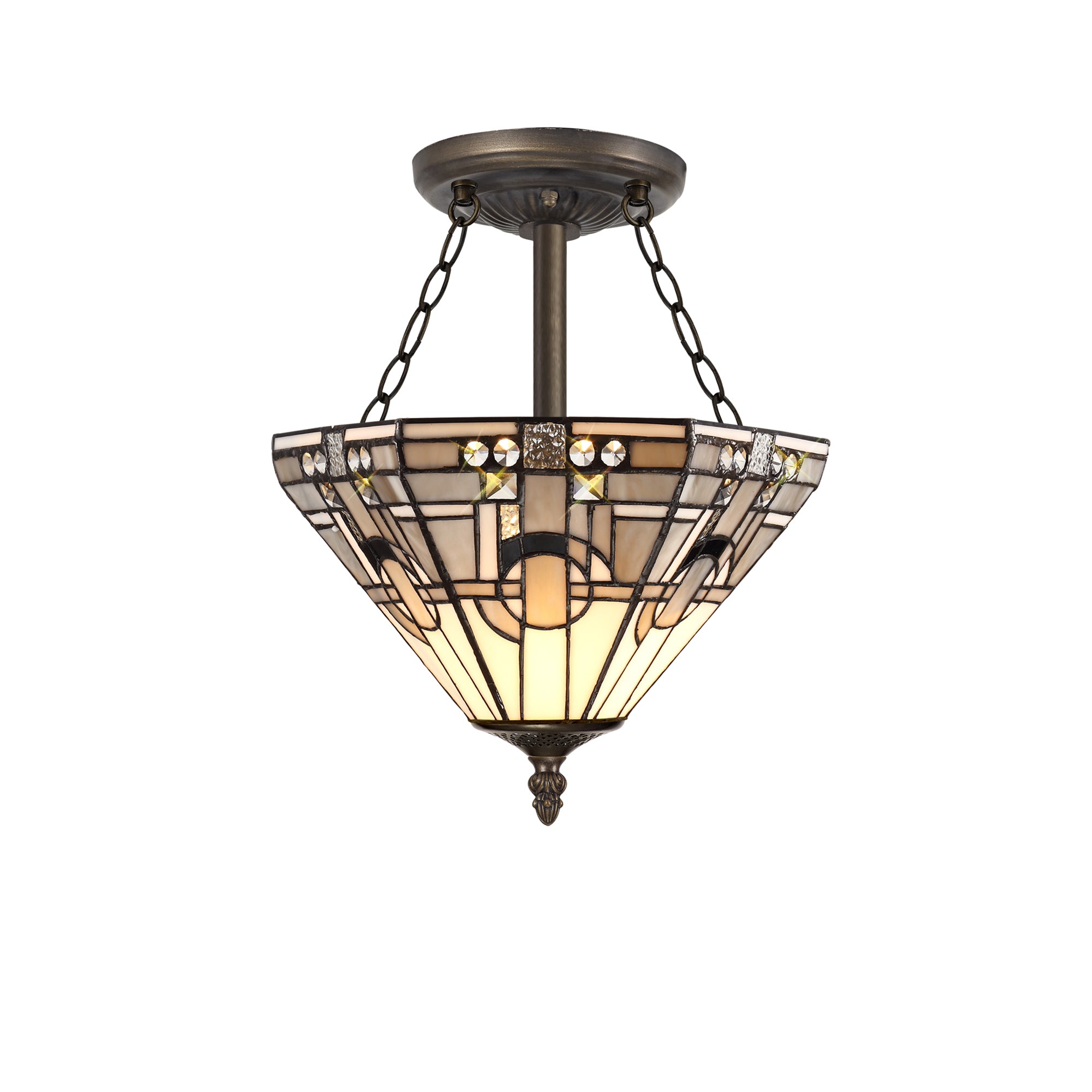 Atek 3 Light E27 Semi Ceiling With Tiffany Shade 30cm Shade, White/Grey/Black/Clear Crystal/Aged Antique Brass