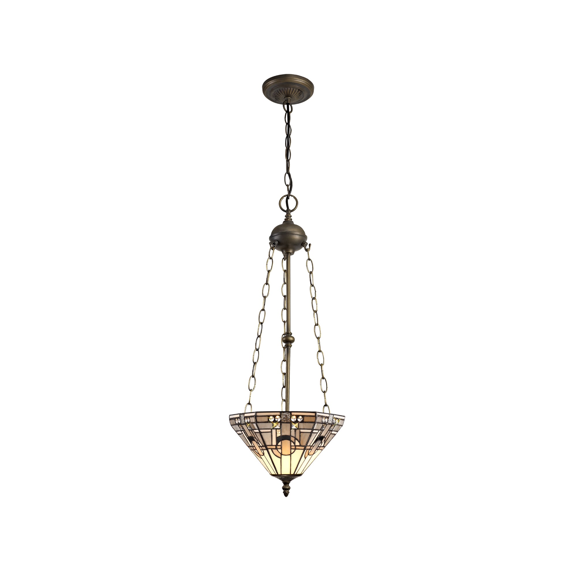 Atek 3 Light Uplighter Pendant E27 With 30cm Tiffany Shade, White/Grey/Black/Clear Crystal/Aged Antique Brass