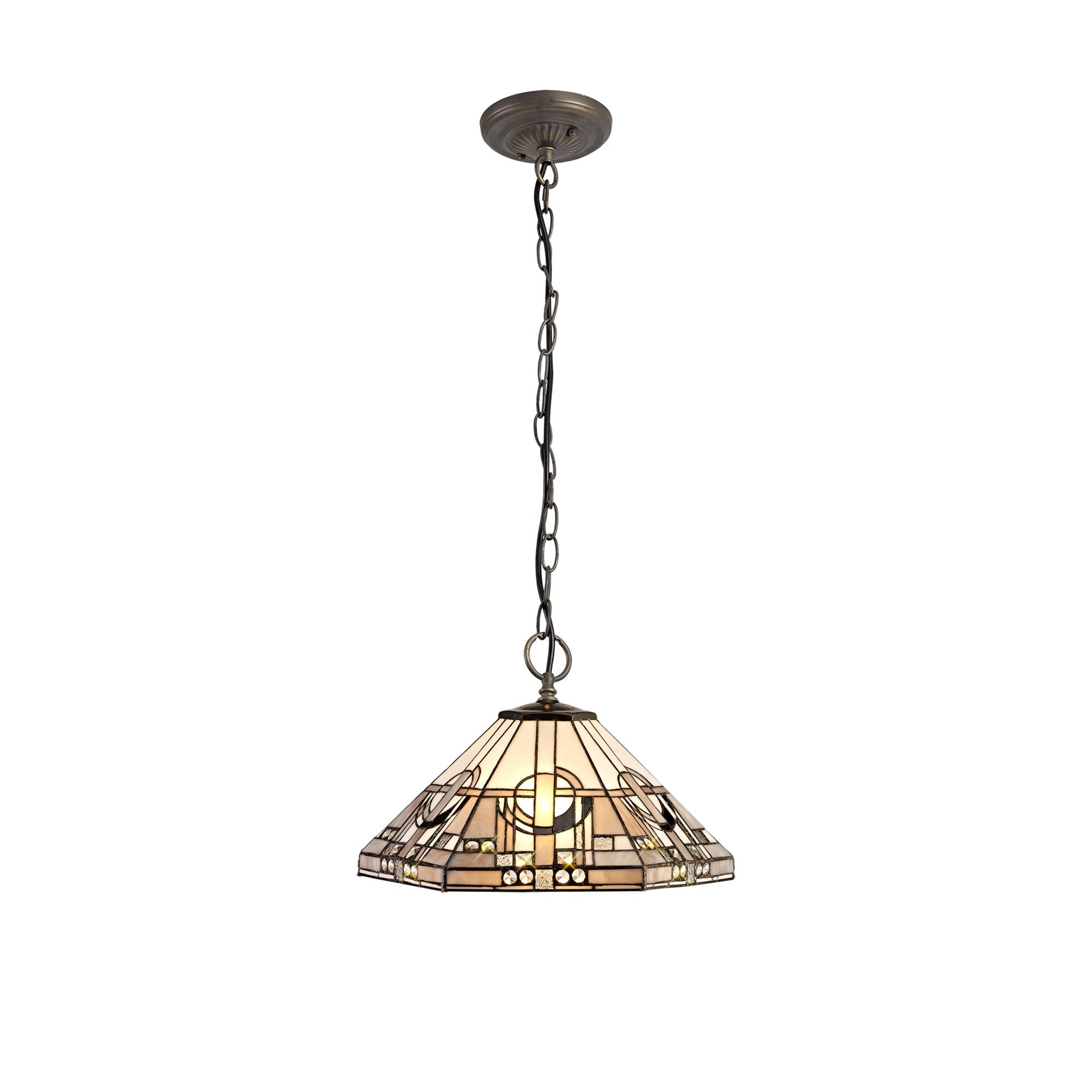 Atek 3 Light Downlighter tiffany Pendant E27 With 40cm Tiffany Shade, White/Grey/Black/Clear Crystal/Aged Antique Brass