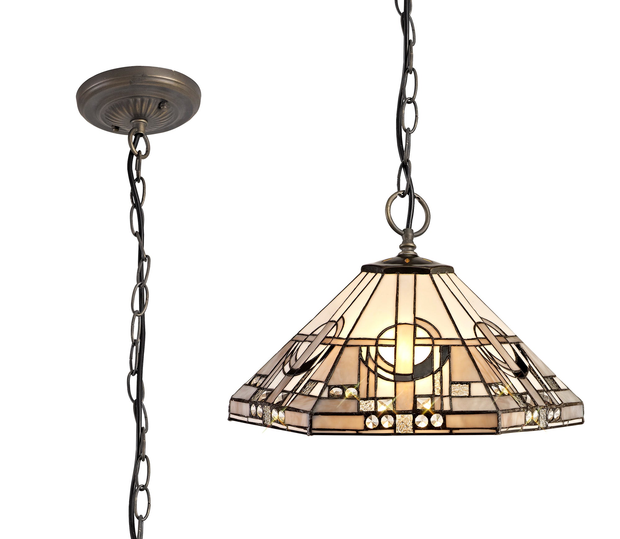 Atek 3 Light Downlighter Pendant E27 With 40cm Tiffany Shade, White/Grey/Black/Clear Crystal/Aged Antique Brass