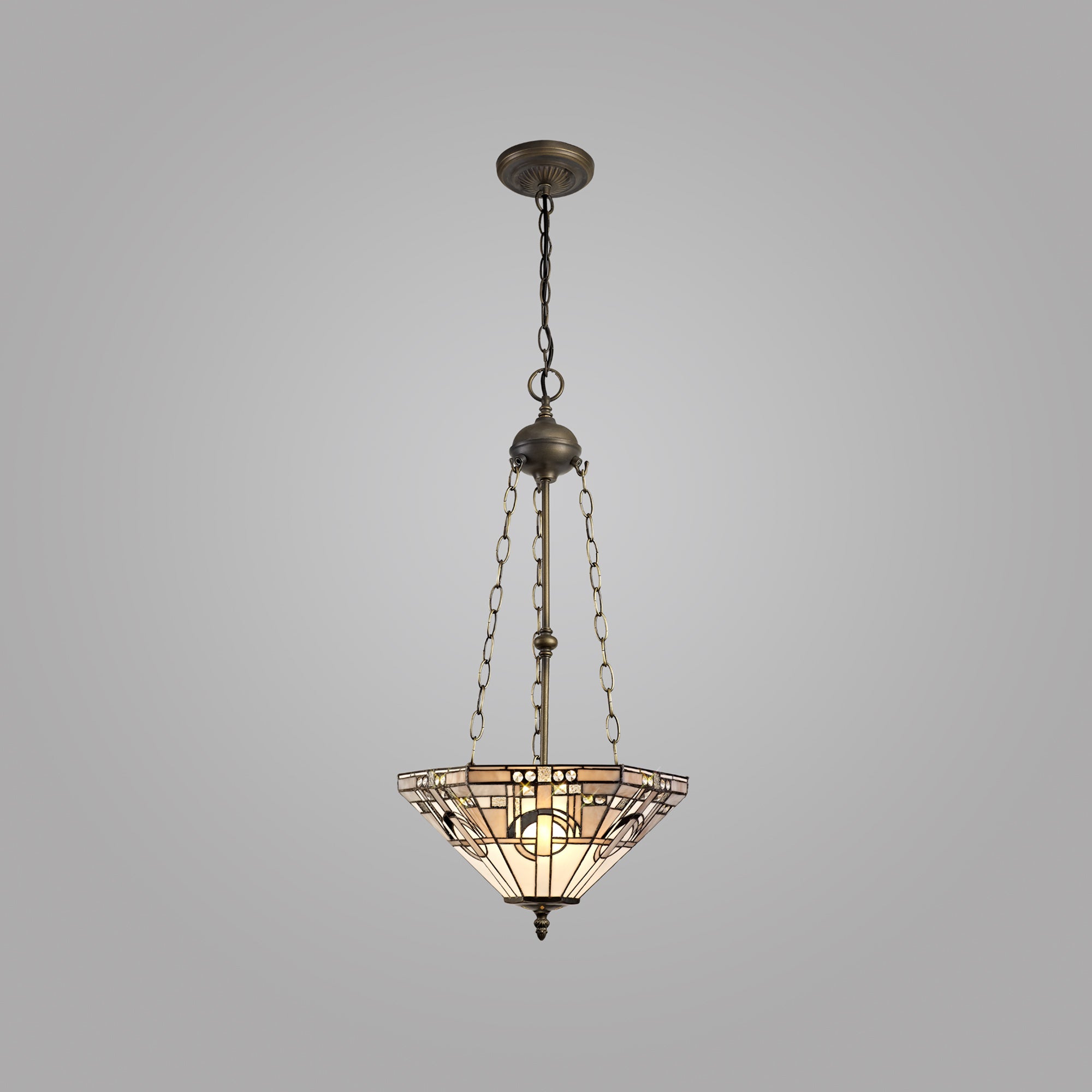 Atek 3 Light Uplighter Pendant E27 With 40cm Tiffany Shade, White/Grey/Black/Clear Crystal/Aged Antique Brass