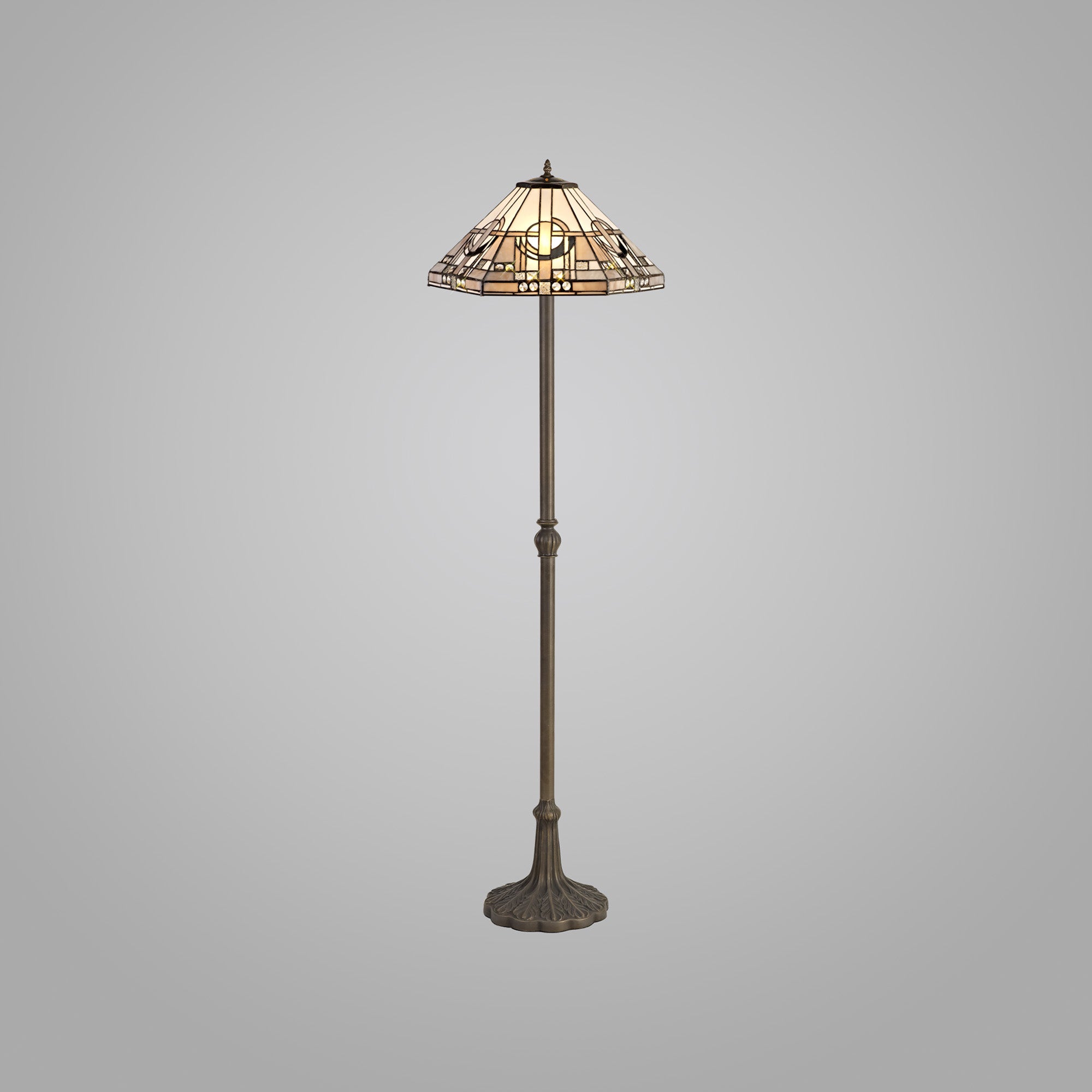 Atek 2 Light Leaf Design Floor Lamp E27 With 40cm Tiffany Shade, White/Grey/Black/Clear Crystal/Aged Antique Brass