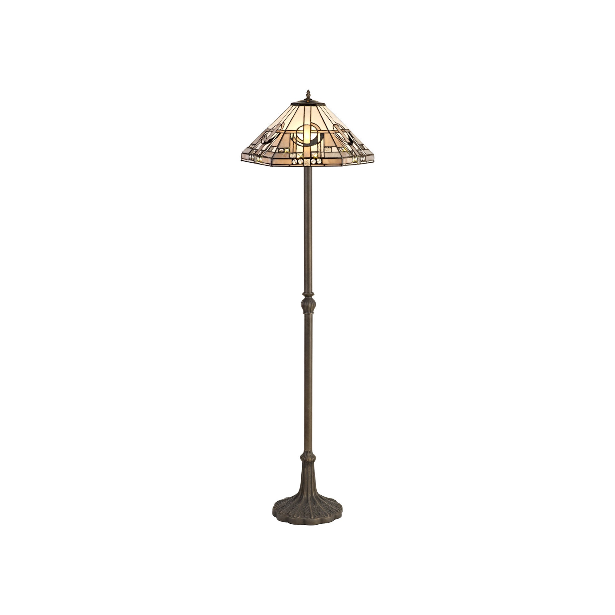 Atek 2 Light Leaf Design Floor Lamp E27 With 40cm Tiffany Shade, White/Grey/Black/Clear Crystal/Aged Antique Brass