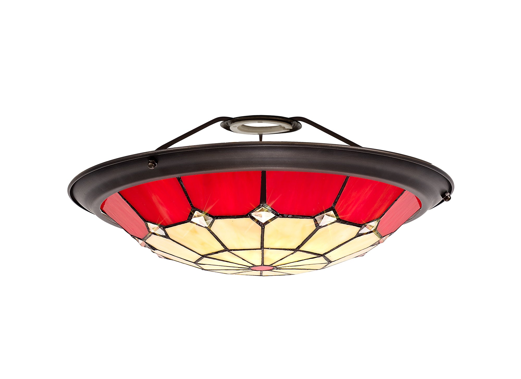 Austiffany, Tiffany 35cm Non-electric Uplighter Shade, Crealm/Red/Clear Crystal Centre/Aged Antique Brass Trim