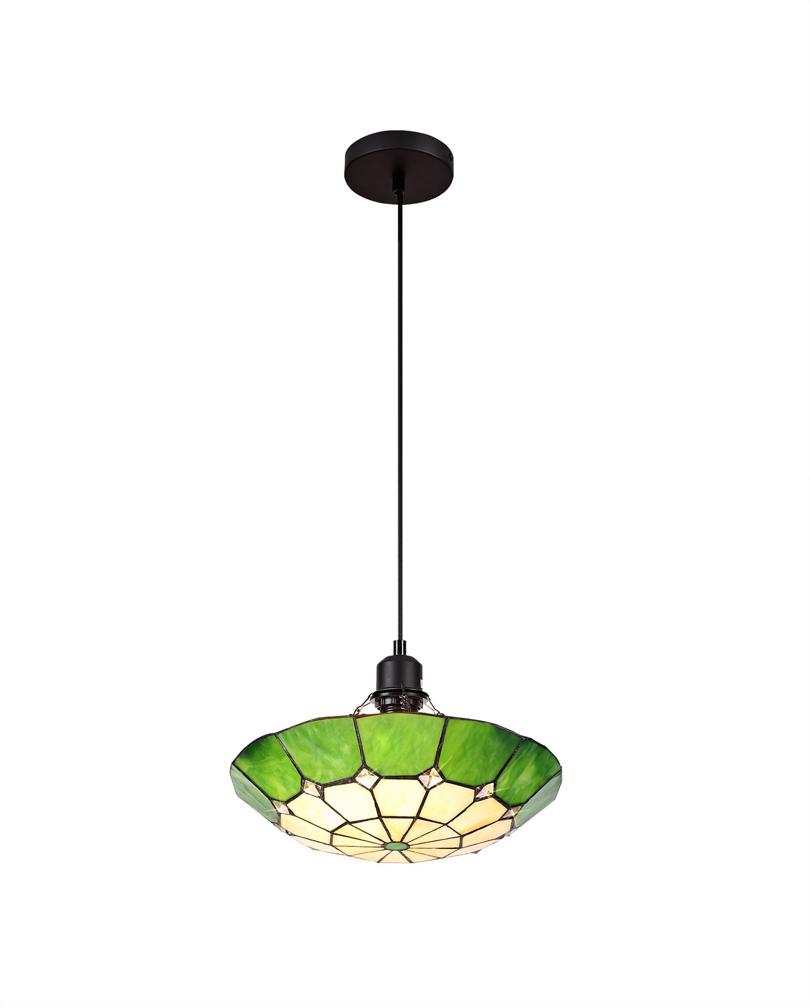 Austiffany 1 Light Pendant E27 With 35cm Tiffany Shade, Cream/Green/Clear Crystal Centre/Aged Antique Brass Trim/Black