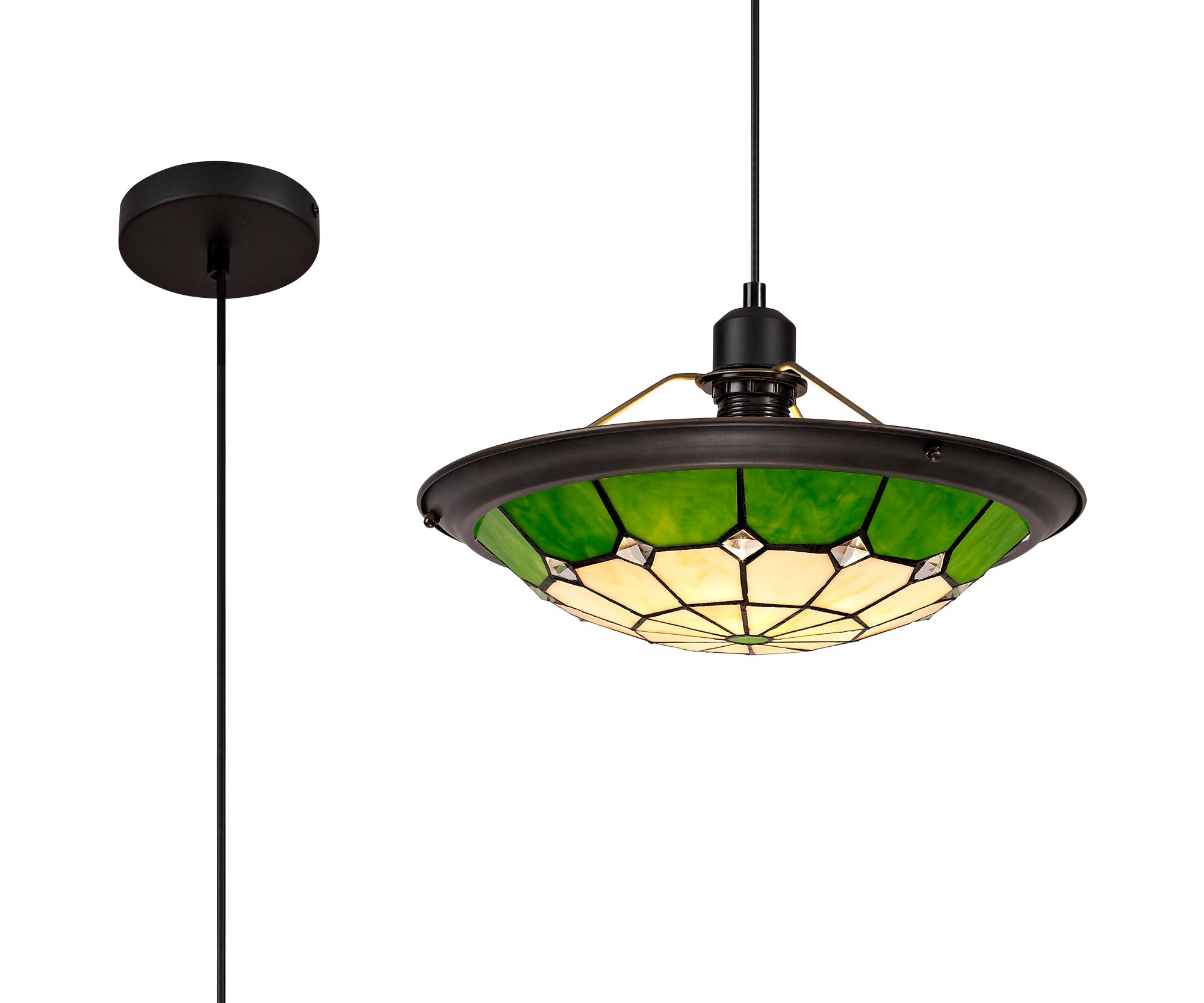 Austiffany 1 Light Pendant E27 With 35cm Tiffany Shade, Cream/Green/Clear Crystal Centre/Aged Antique Brass Trim/Black