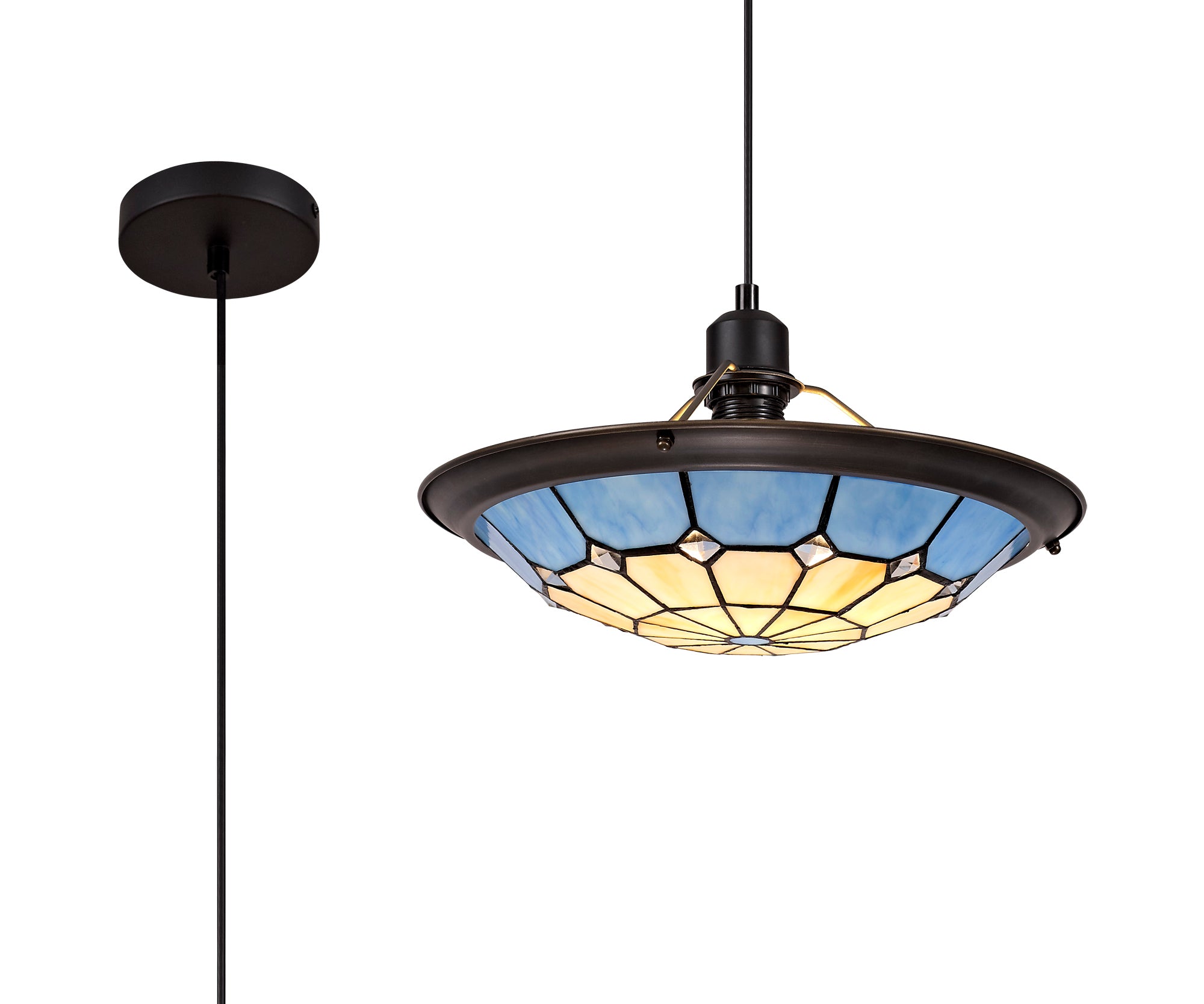 Austiffany 1 Light Pendant E27 With 35cm Tiffany Shade, Cream/Rich Blue/Clear Crystal Centre/Aged Antique Brass Trim/Black