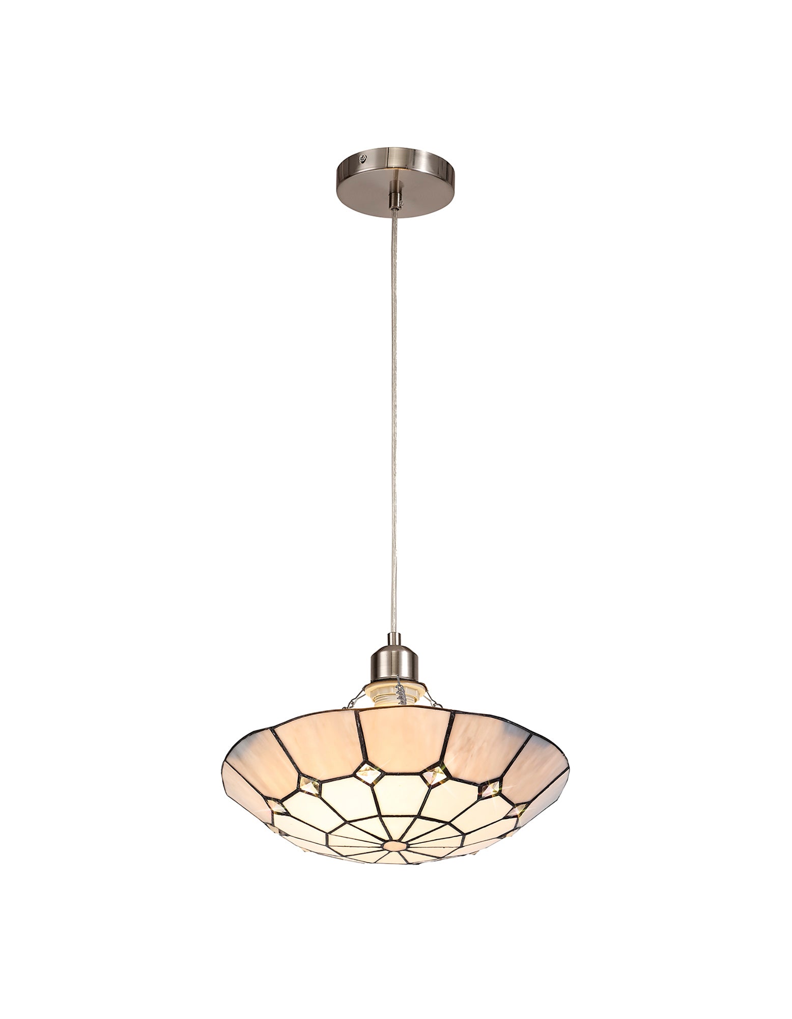Austiffany 1 Light Pendant E27 With 35cm Tiffany Shade, Cream/Grey/Crystal Centre/Satin Nickel Brass Trim/Satin Nickel