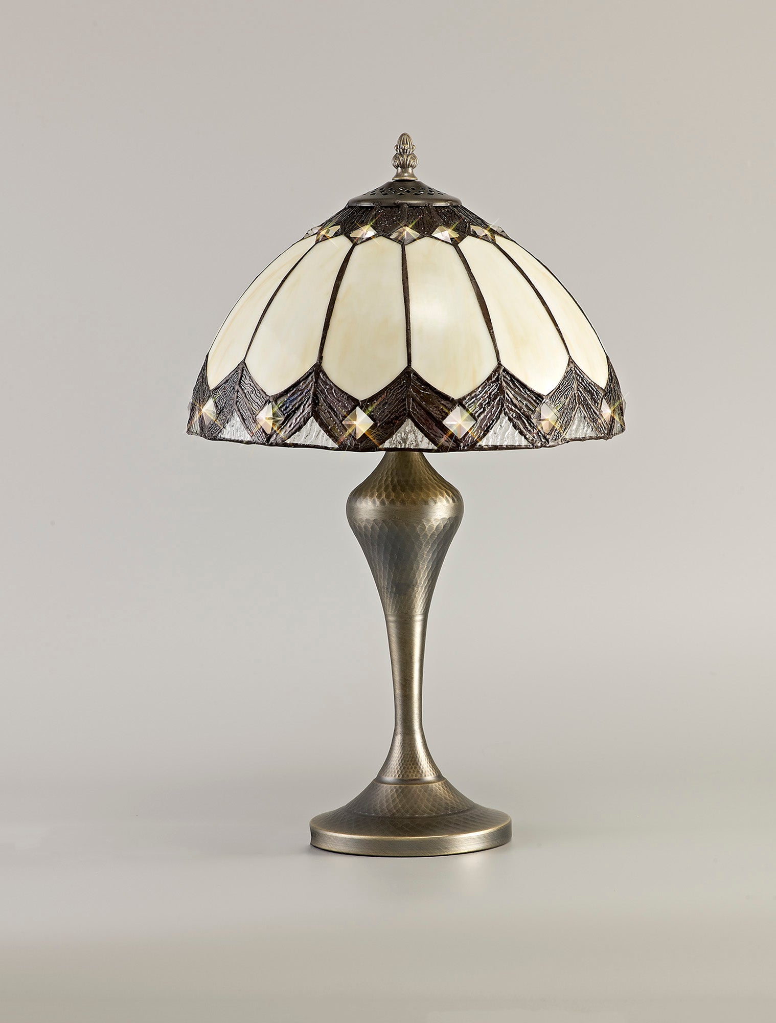 Blenheimtif Tiffany Table Lamp, 1 x E27, Aged Antique Brass Base/Crealm/Brown Glass/Clear Crystal