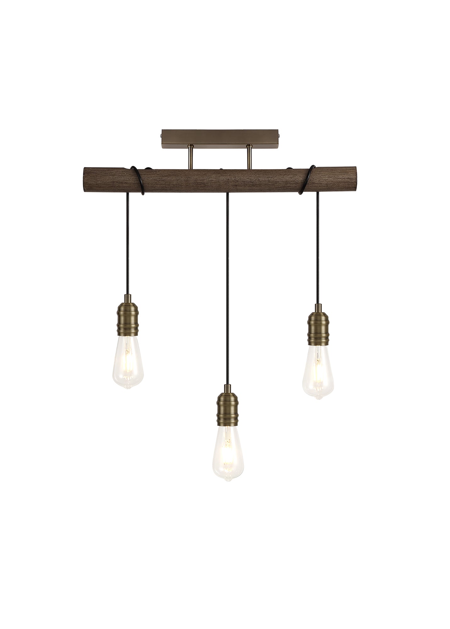 Bohar Flush Ceiling, 3 x E27, Medium Oak/Antique Brass