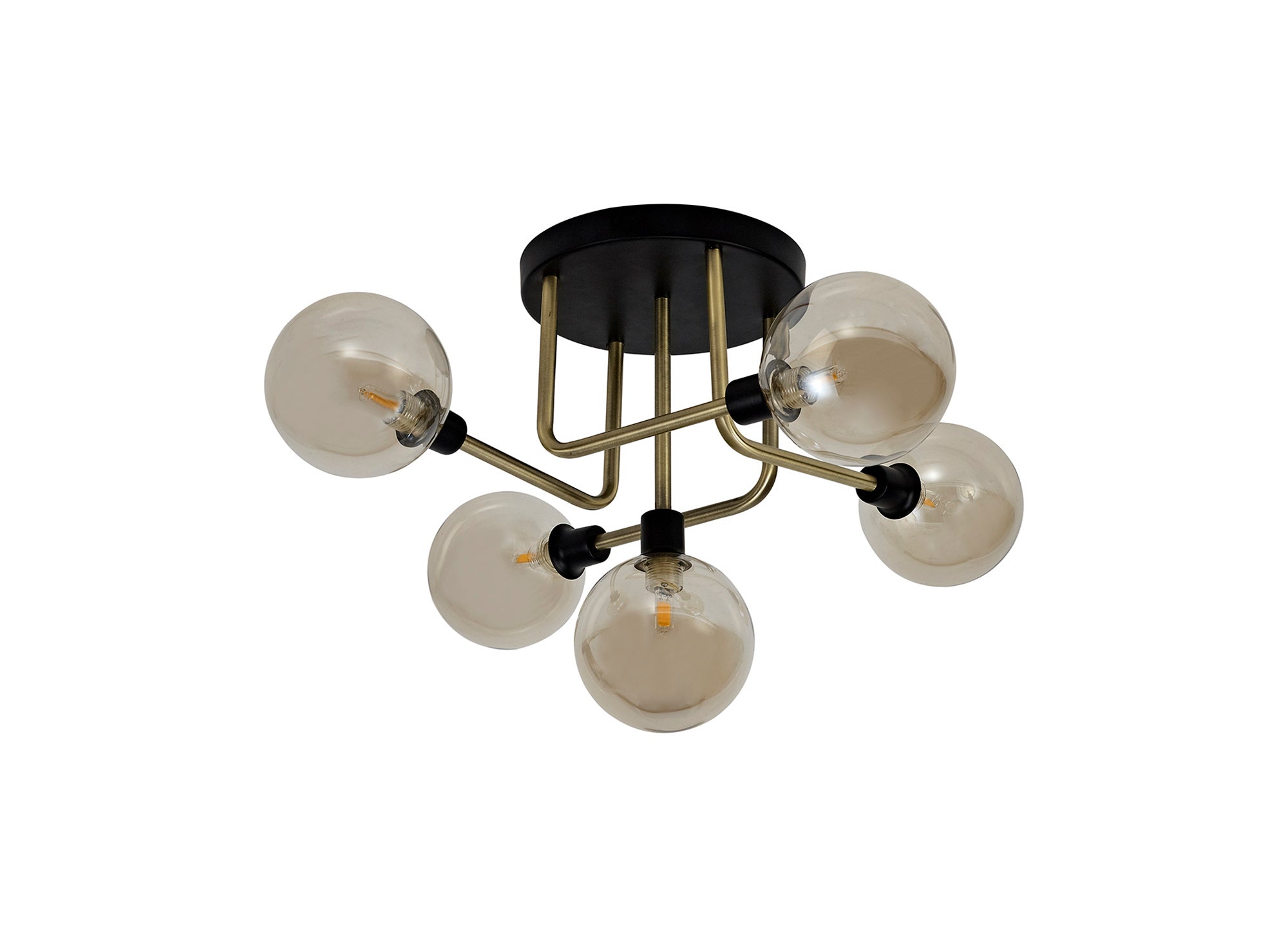 Denon Flush Ceiling, 5 Light G9, Matt Black/Antique Brass/Cognac Glass