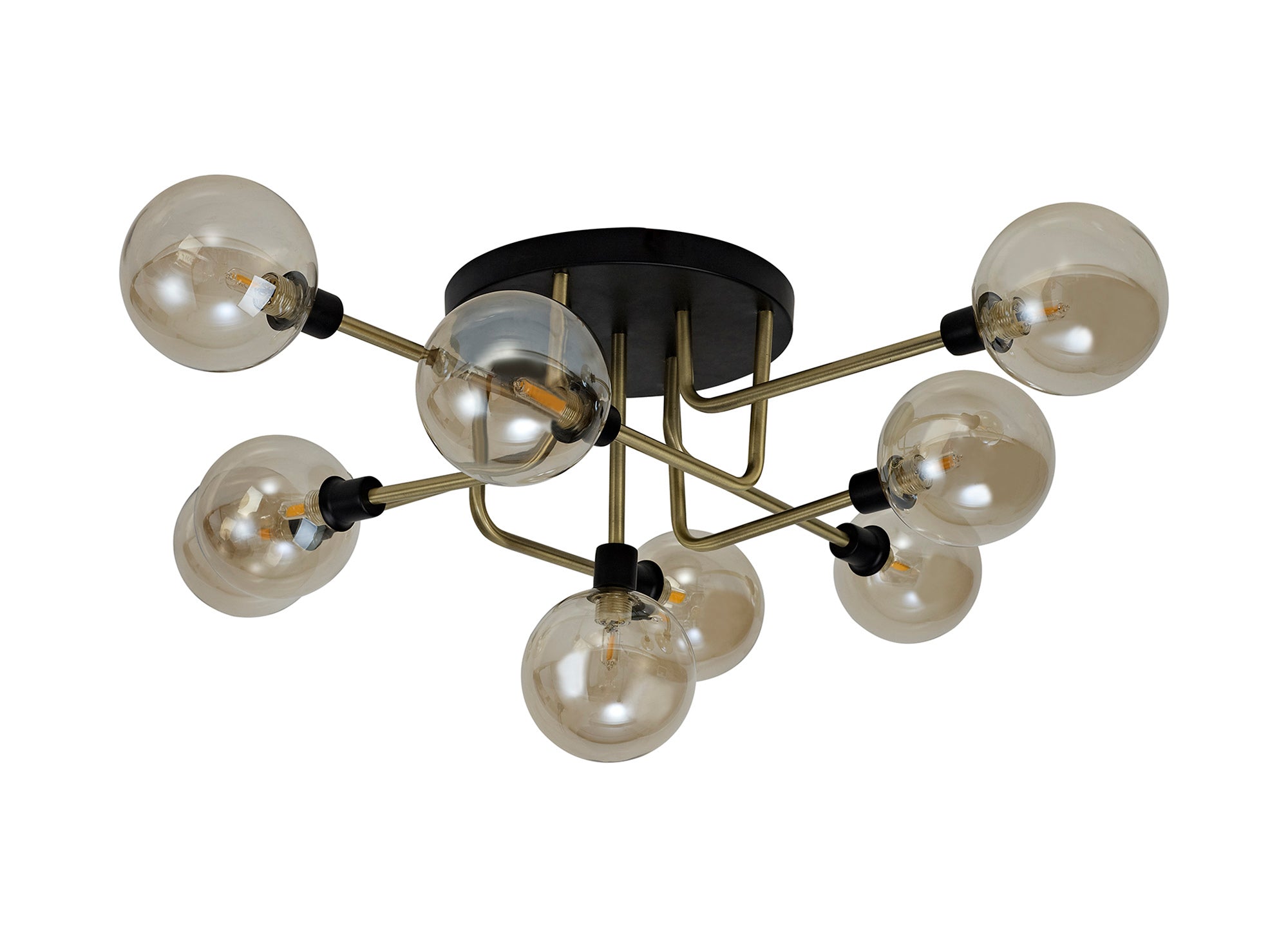 Denon Flush Ceiling, 9 Light G9, Matt Black/Antique Brass/Cognac Glass