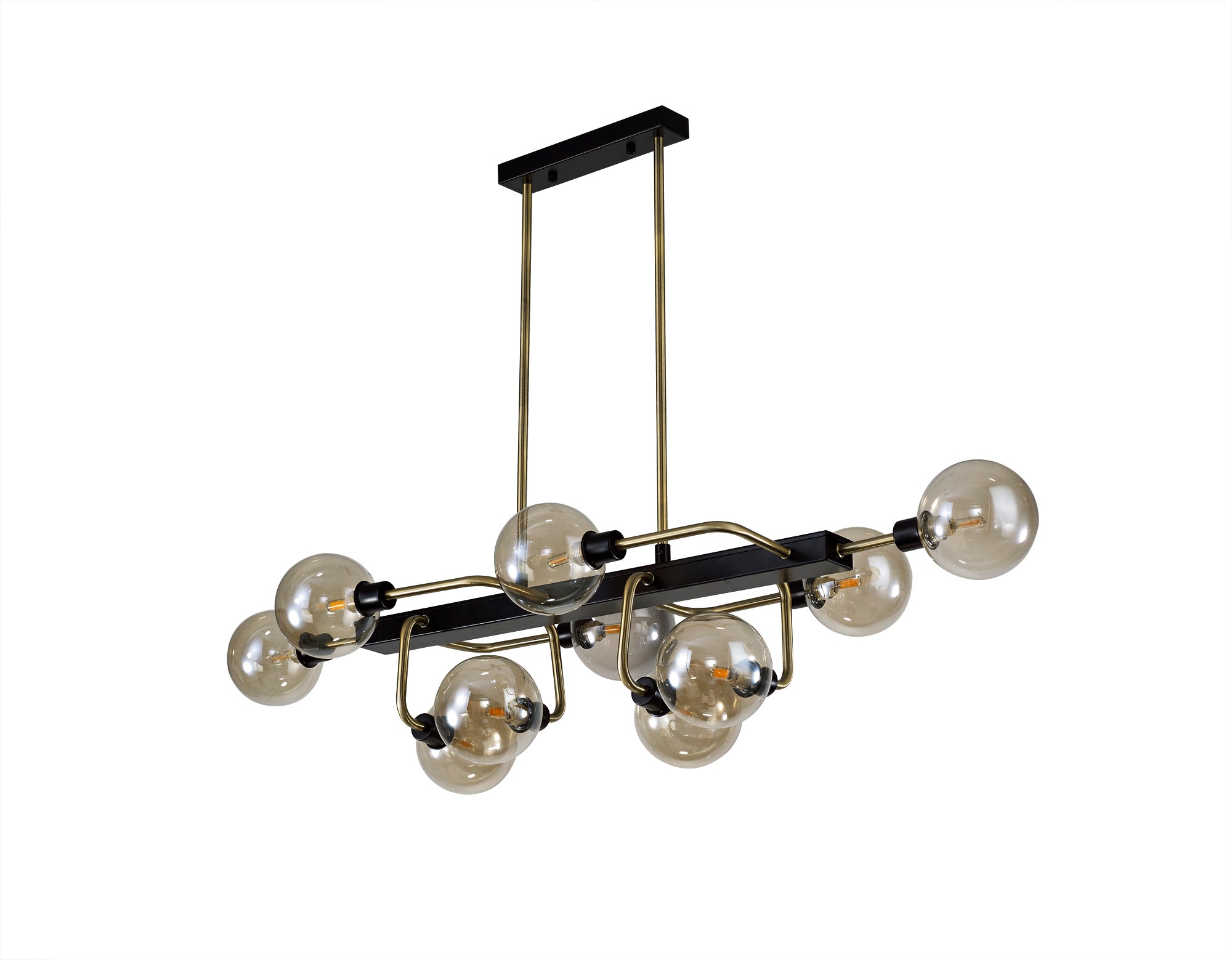 Denon Fixed Pendant Ceiling, 10 Light G9, Matt Black/Antique Brass/Cognac Glass