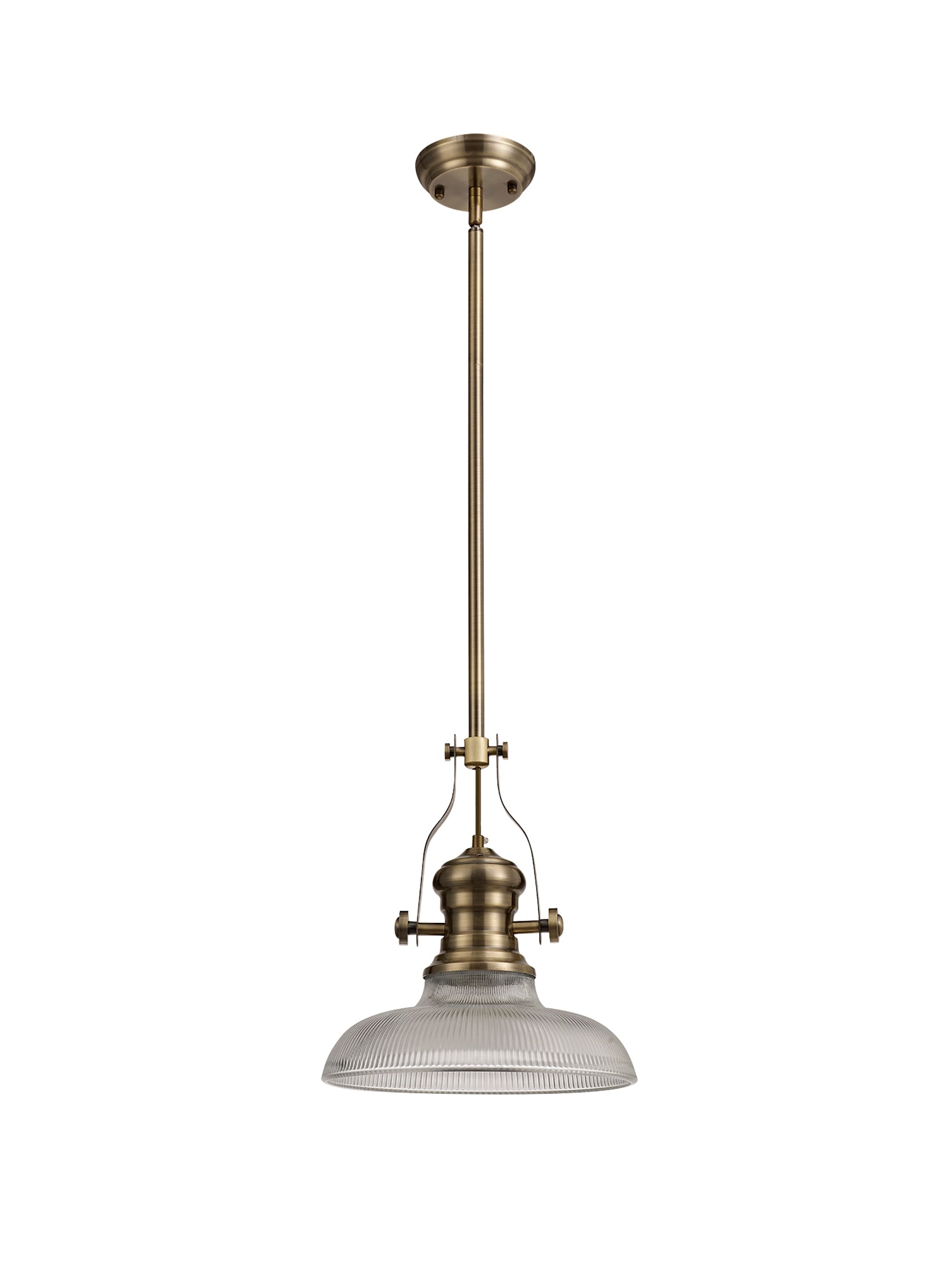 Docker 1 Light Pendant E27 With 30cm Round Glass Shade, Antique Brass/Clear