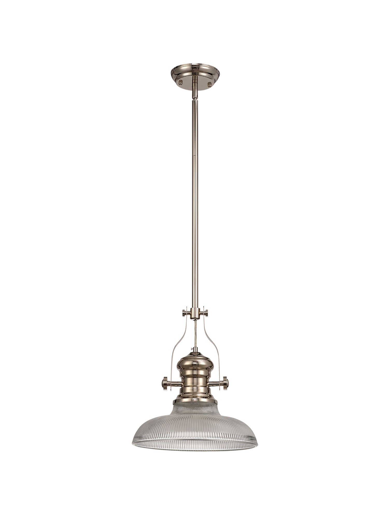 Docker 1 Light Pendant E27 With 30cm Round Glass Shade, Polished Nickel/Clear