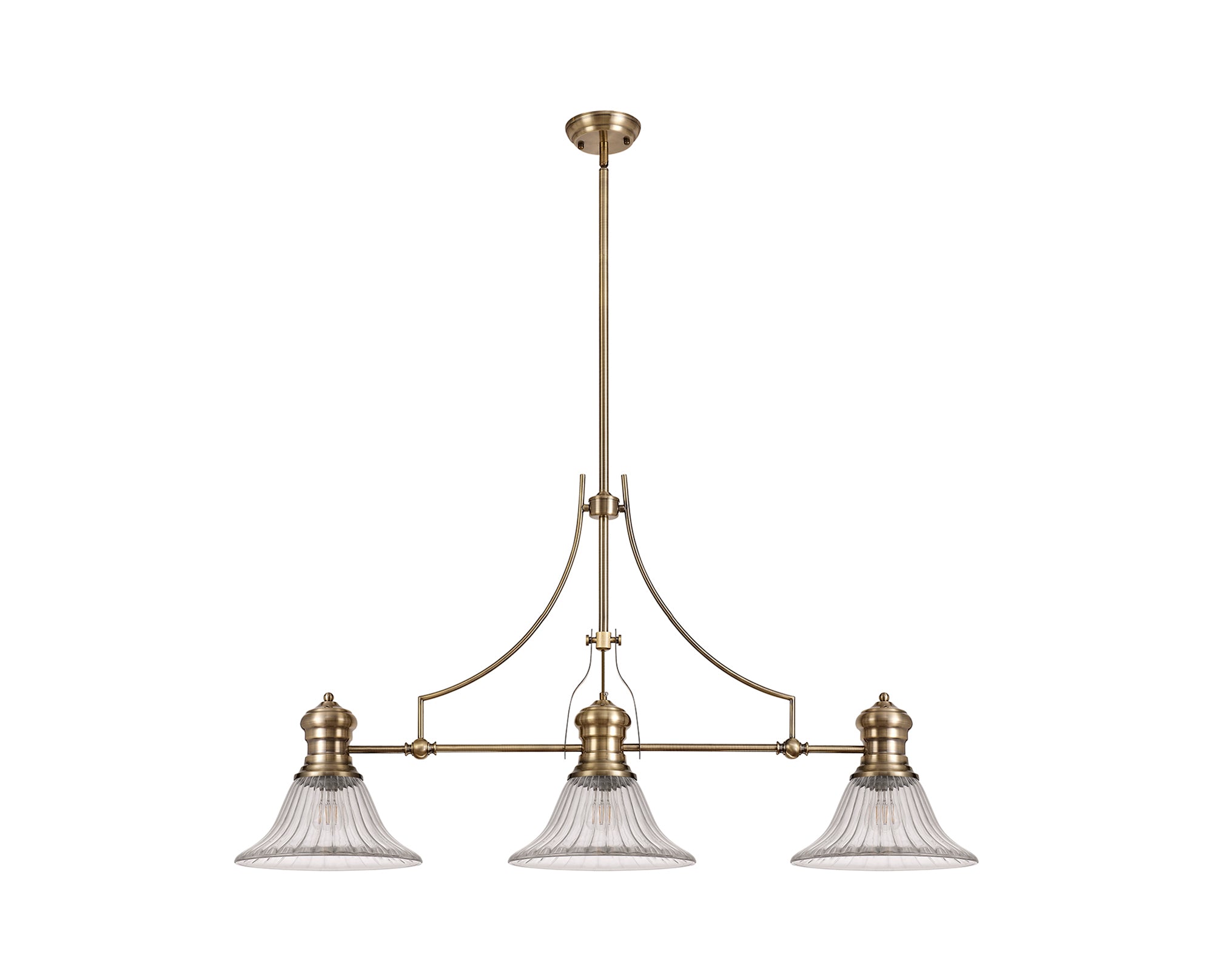 Docker 3 Light Linear Pendant E27 With 30cm Bell Glass Shade, Antique Brass, Clear