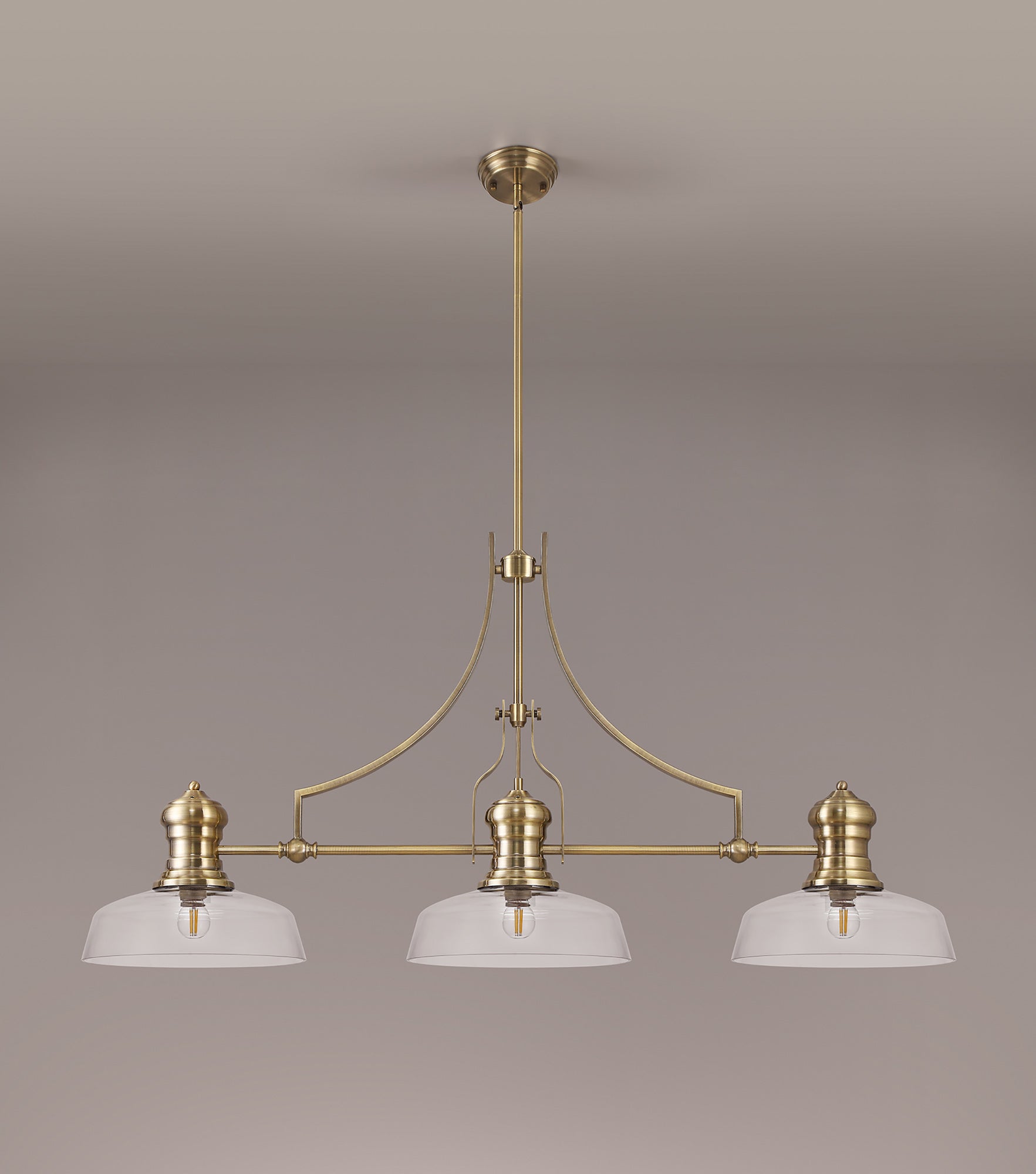Docker 3 Light Linear Pendant E27 With 30cm Flat Round Glass Shade, Antique Brass, Clear