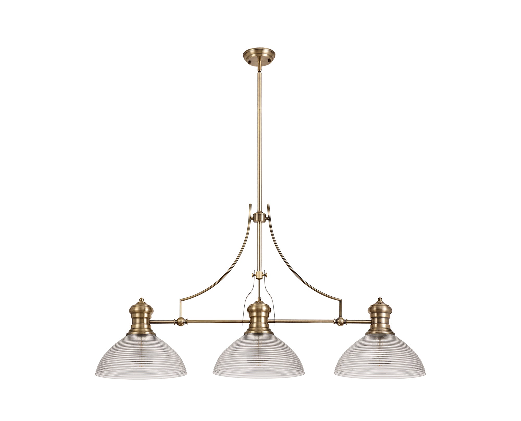 Docker 3 Light Linear Pendant E27 With 33.5cm Prismatic Glass Shade, Antique Brass, Clear LOK103623