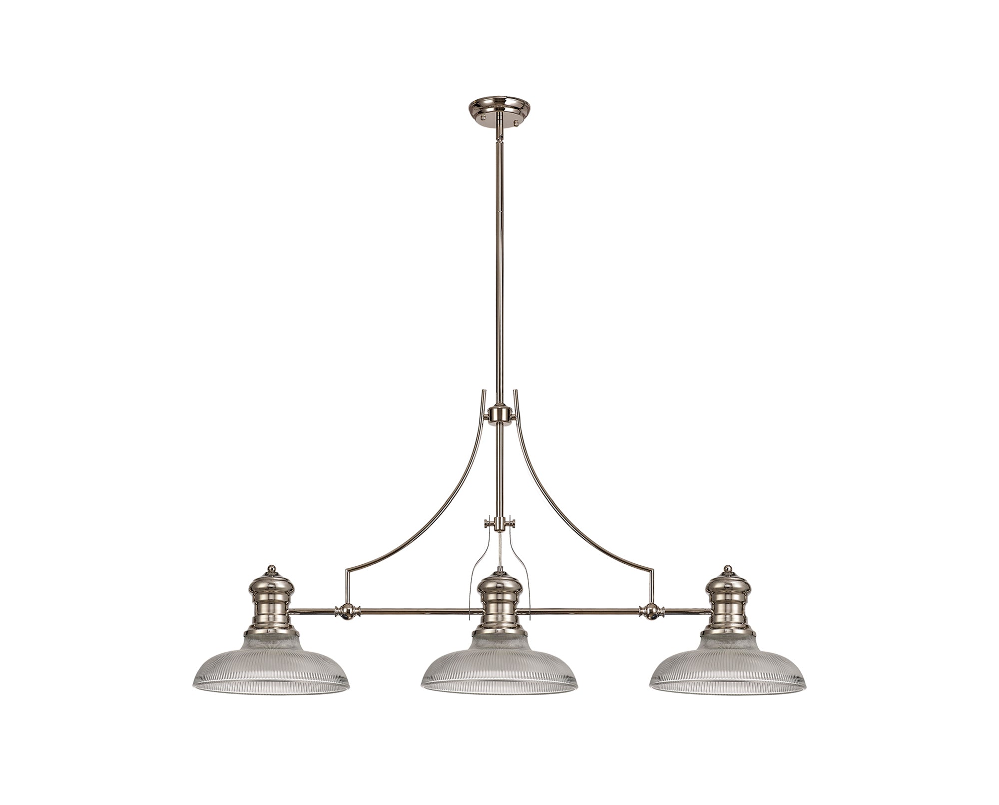 Docker 3 Light Linear Pendant E27 With 30cm Round Glass Shade, Polished Nickel, Clear