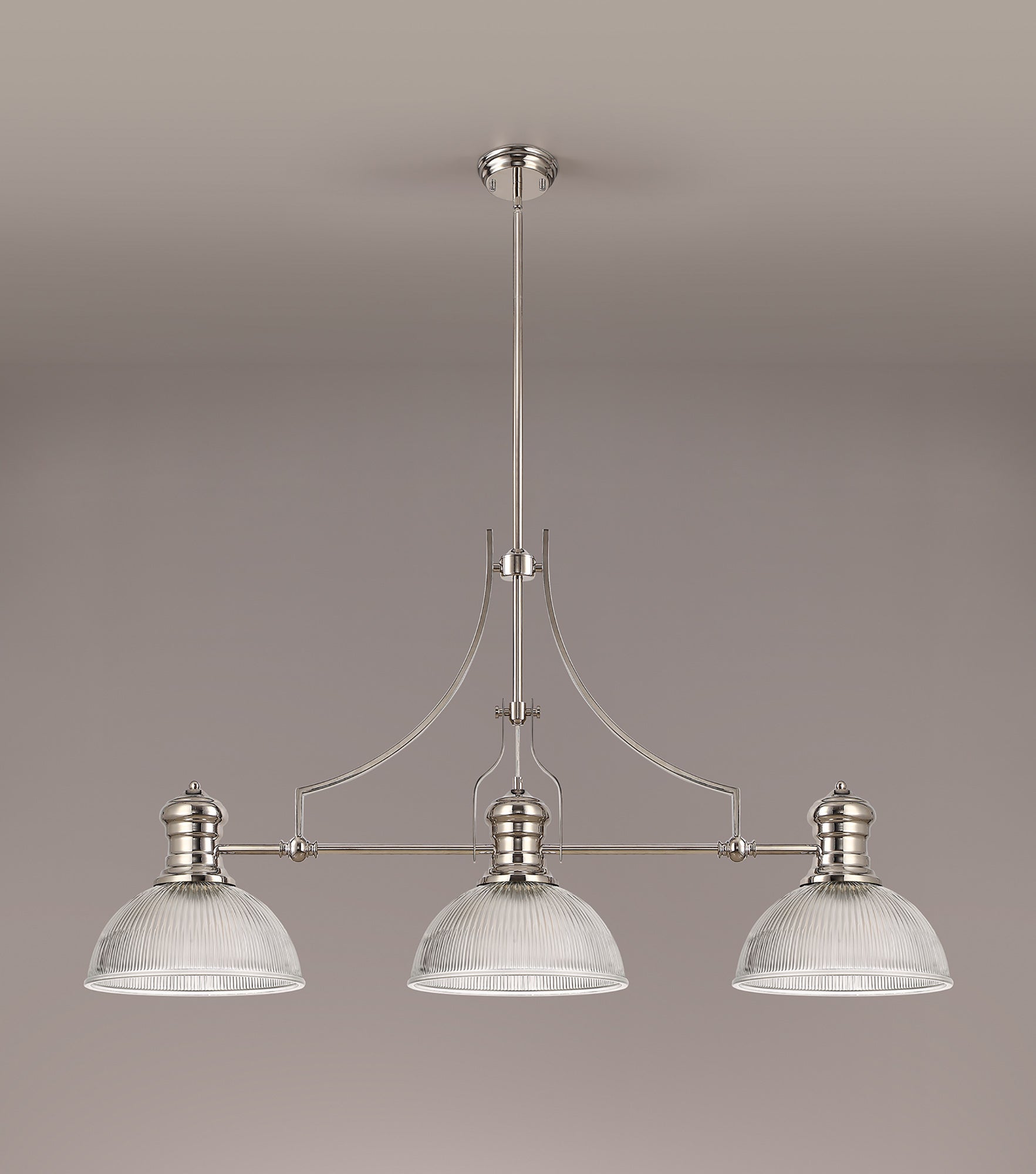 Docker 3 Light Linear Pendant E27 With 30cm Dome Glass Shade, Polished Nickel, Clear LOK103693