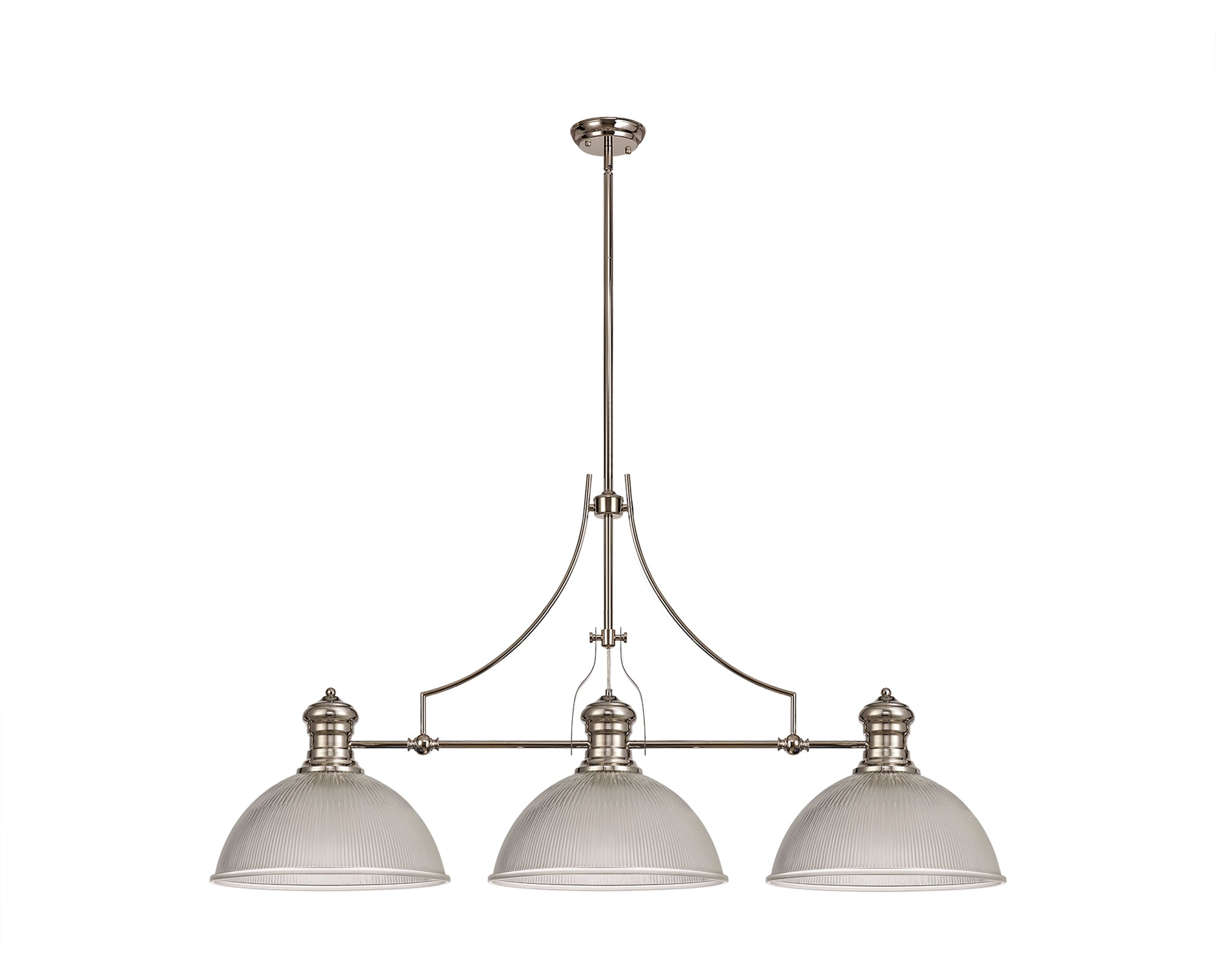 Docker 3 Light Linear Pendant E27 With 38cm Dome Glass Shade, Polished Nickel, Clear LOK103703