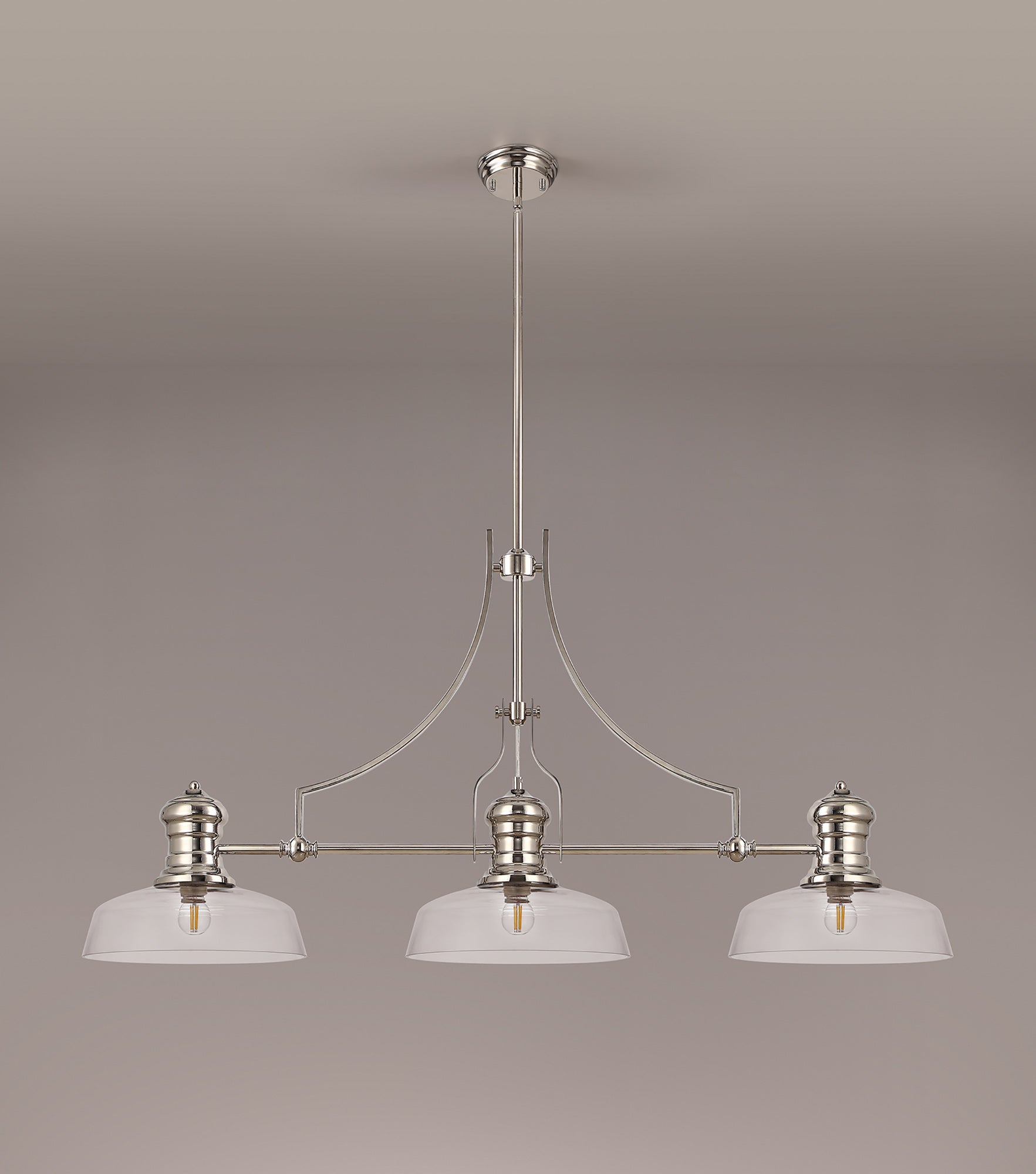 Docker 3 Light Linear Pendant E27 With 30cm Flat Round Glass Shade, Polished Nickel, Clear