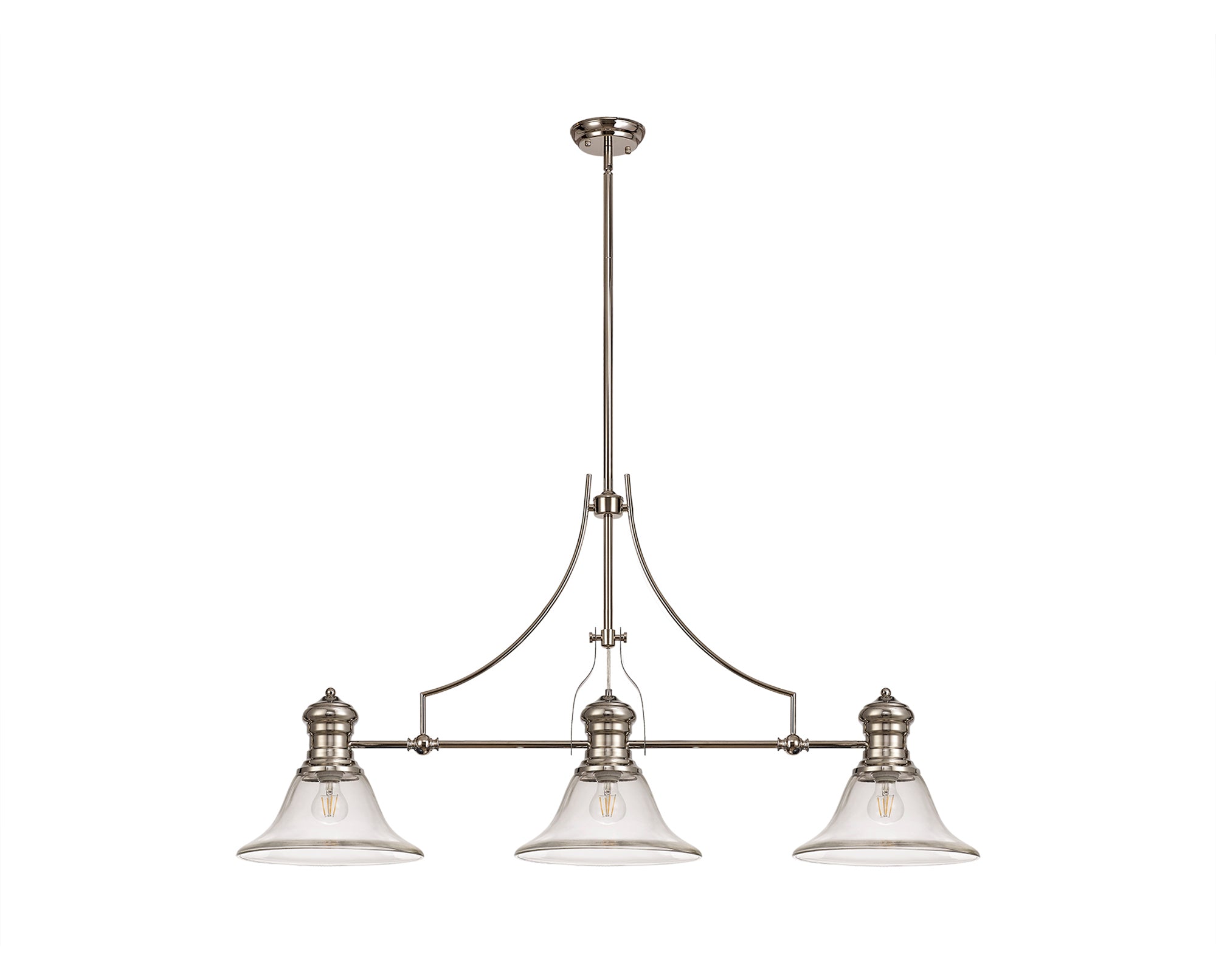 Docker 3 Light Linear Pendant E27 With 30cm Smooth Bell Glass Shade, Polished Nickel, Clear