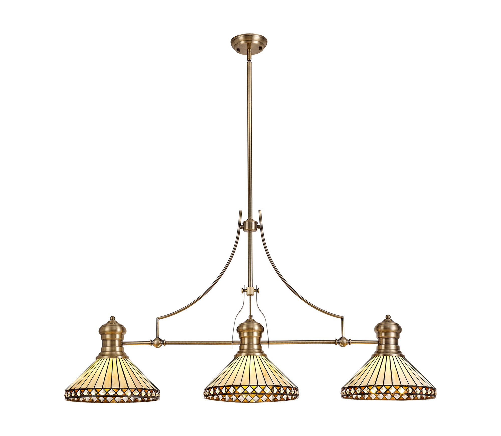 Docker, Noffit 3 Light Linear Pendant E27 With 30cm Tiffany Shade, Antique Brass, Amber, Cream, Crystal