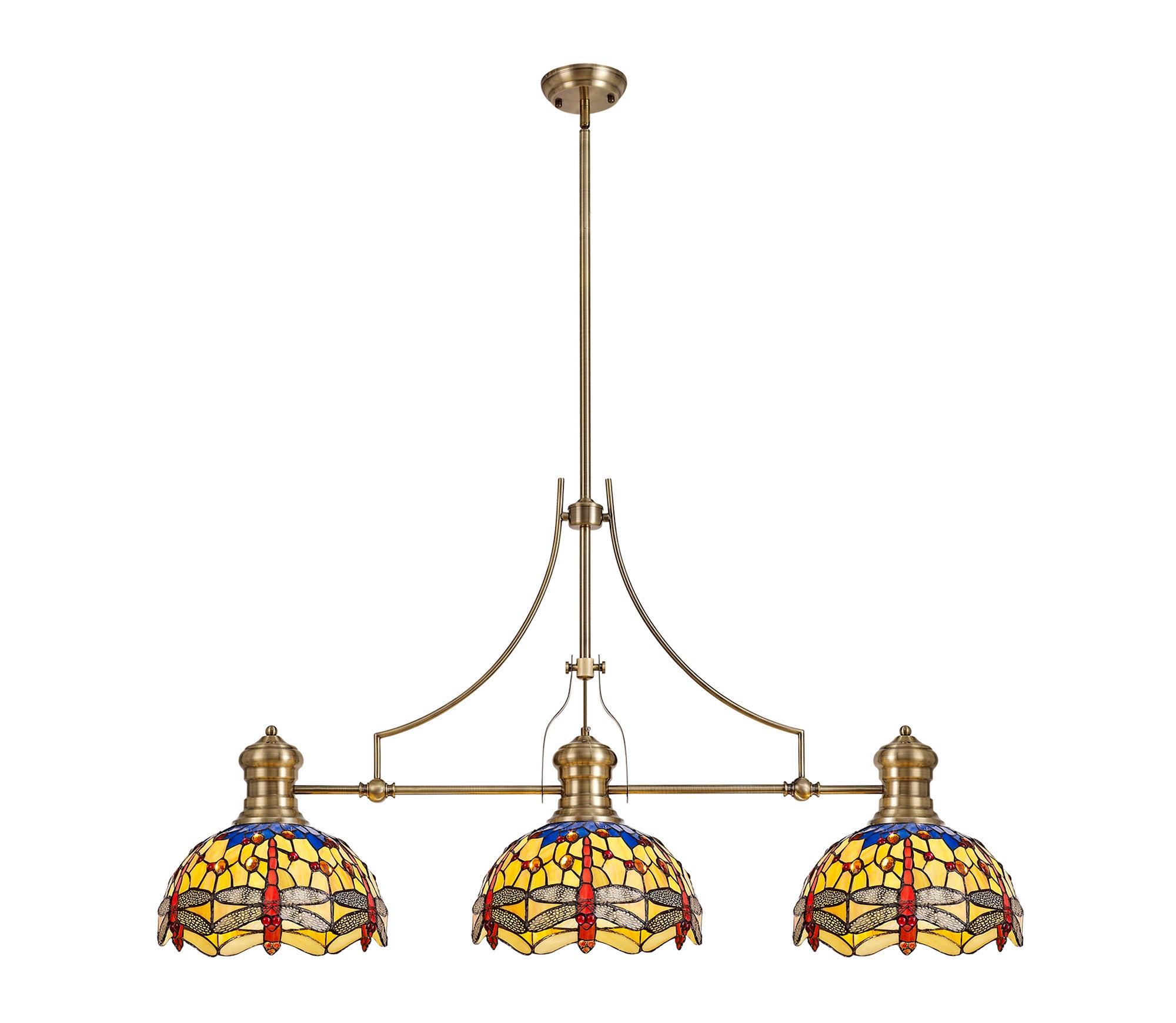 Docker, flyhi 3 Light Linear Pendant E27 With 30cm Tiffany Shade, Antique Brass, Blue, Orange, Crystal