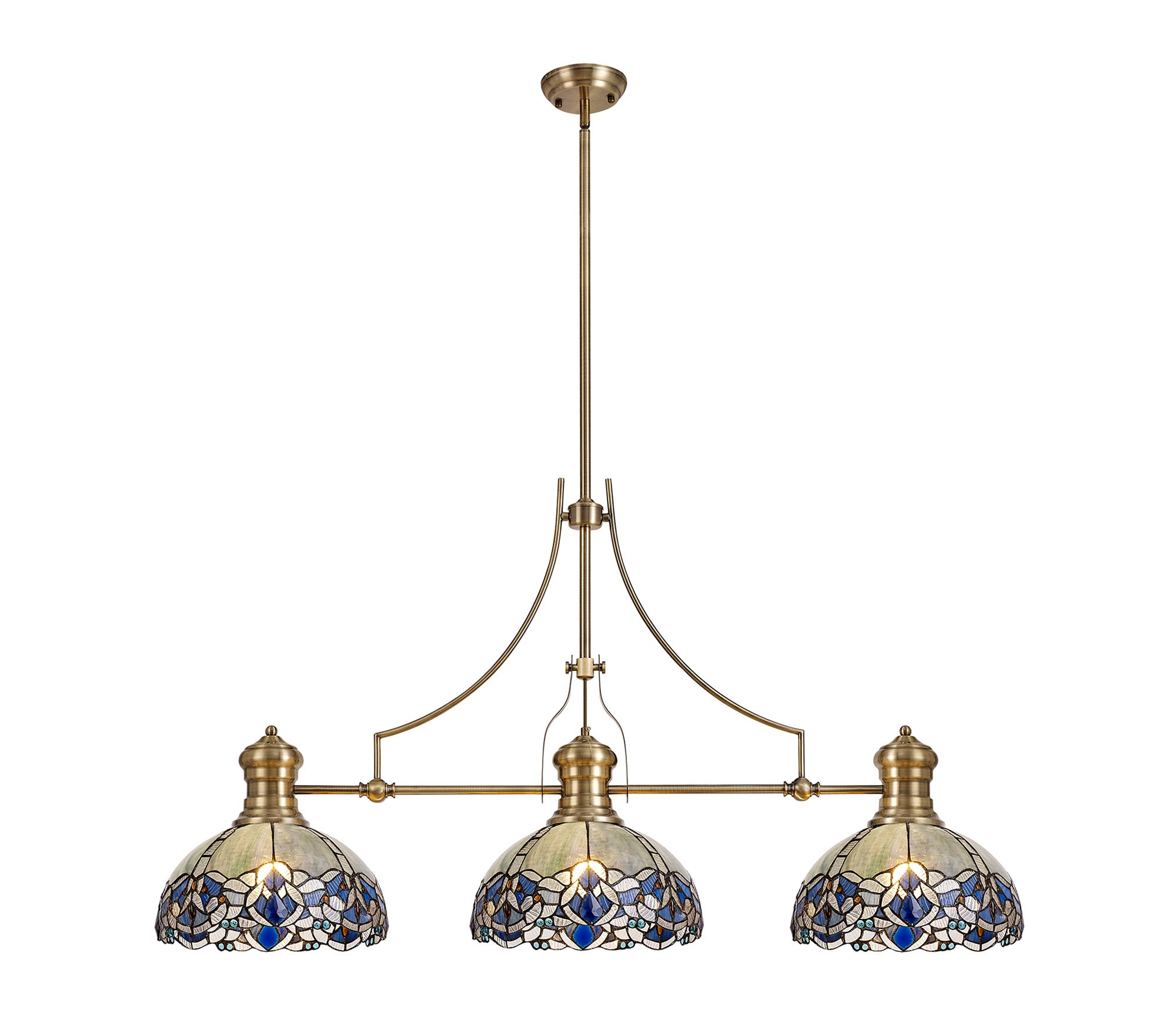 Docker, Oseki 3 Light Linear Pendant E27 With 30cm Tiffany Shade, Antique Brass, Blue, Clear Crystal
