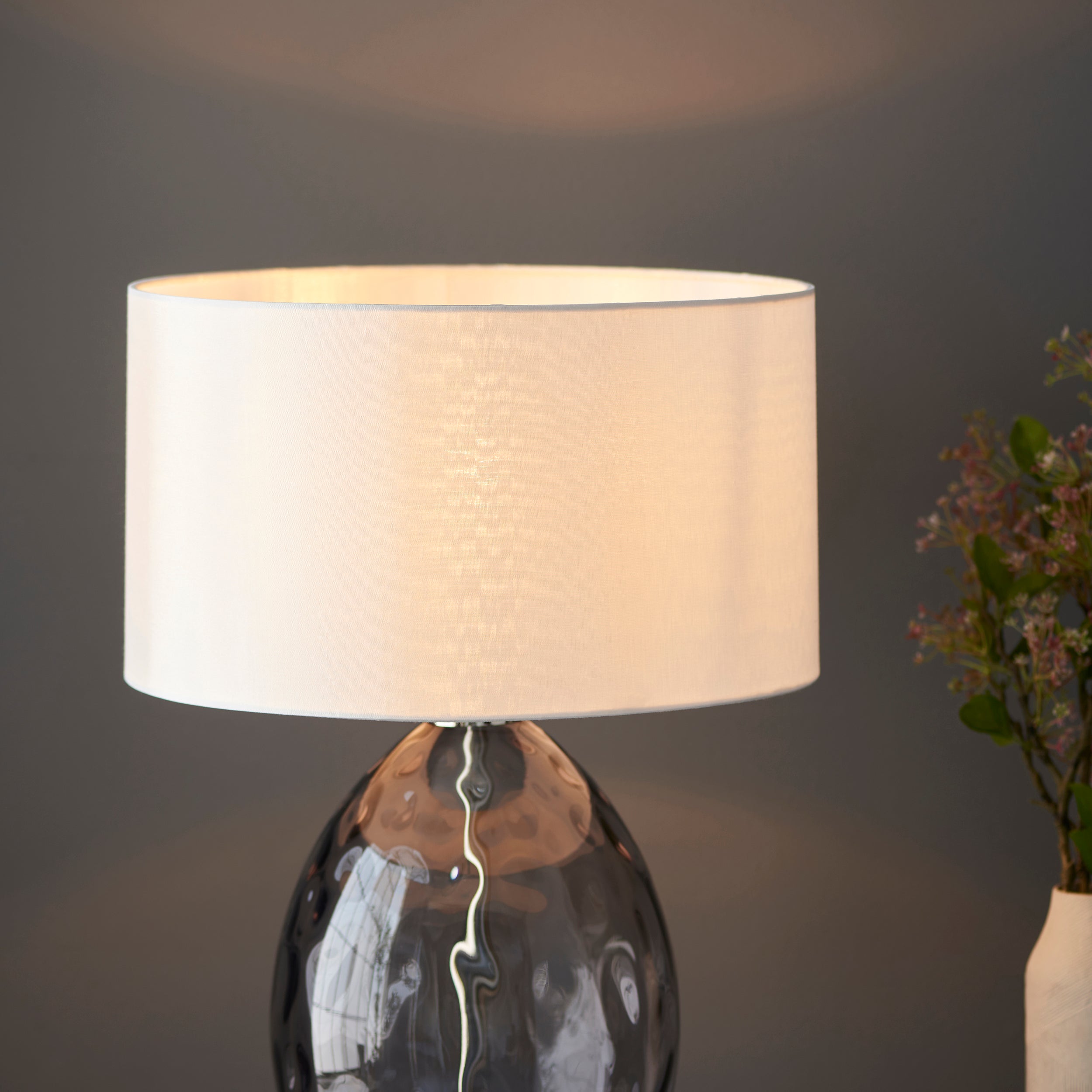 Lightologist Grey tinted glass, bright nickel plate with vintage white fabric Base & shade Table Light