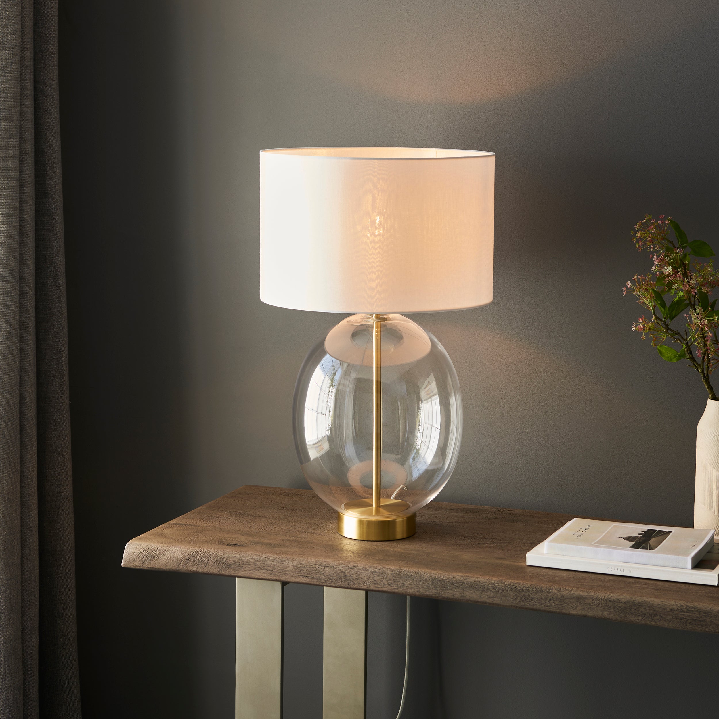 Lightologist Satin brass plate & clear glass with vintage white fabric Complete Table Light