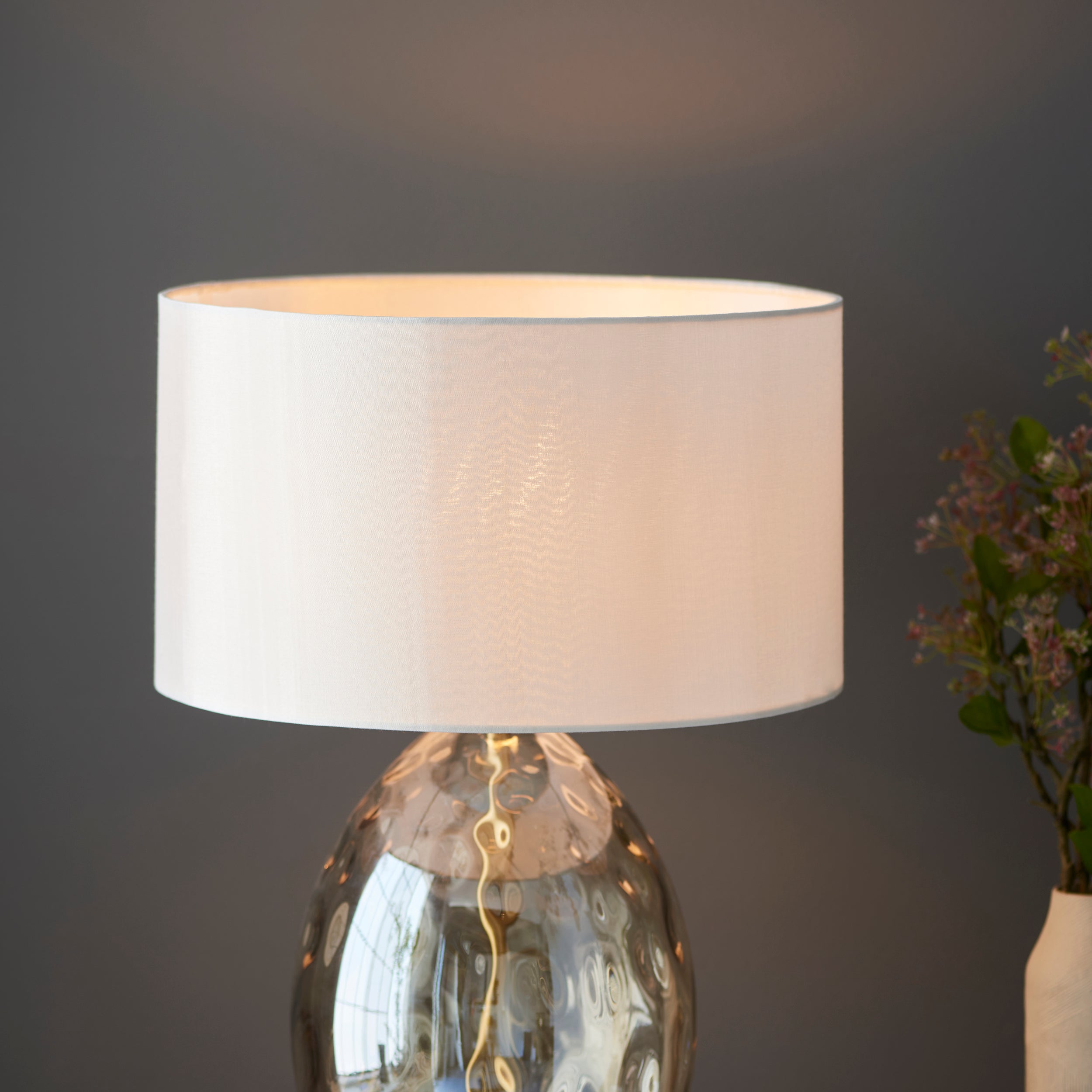 Lightologist Champagne lustre glass, satin brass plate with vintage white fabric Base & shade Table Light