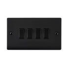 Black rectangular switch plate with four black switches on a white background