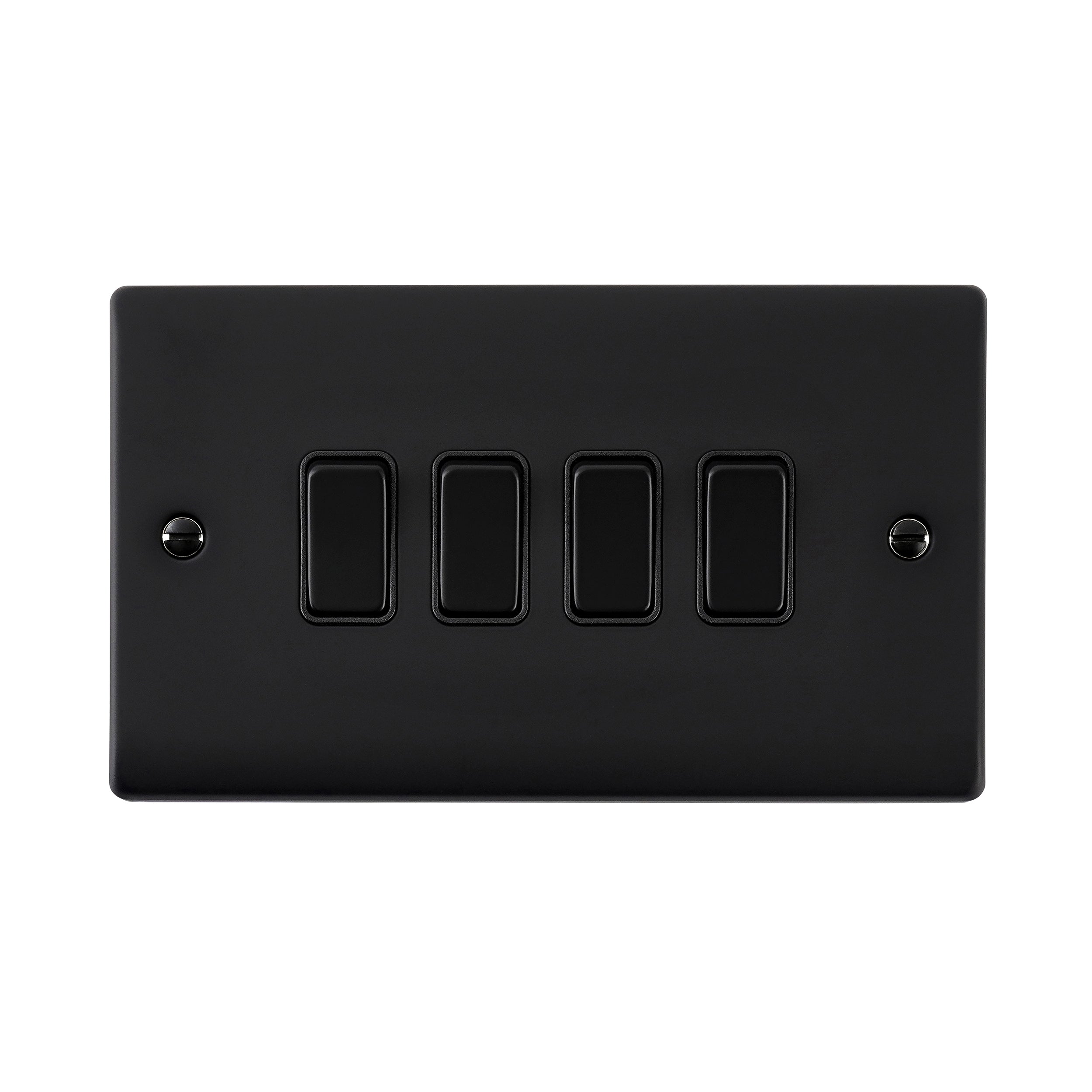 Black rectangular switch plate with four black switches on a white background