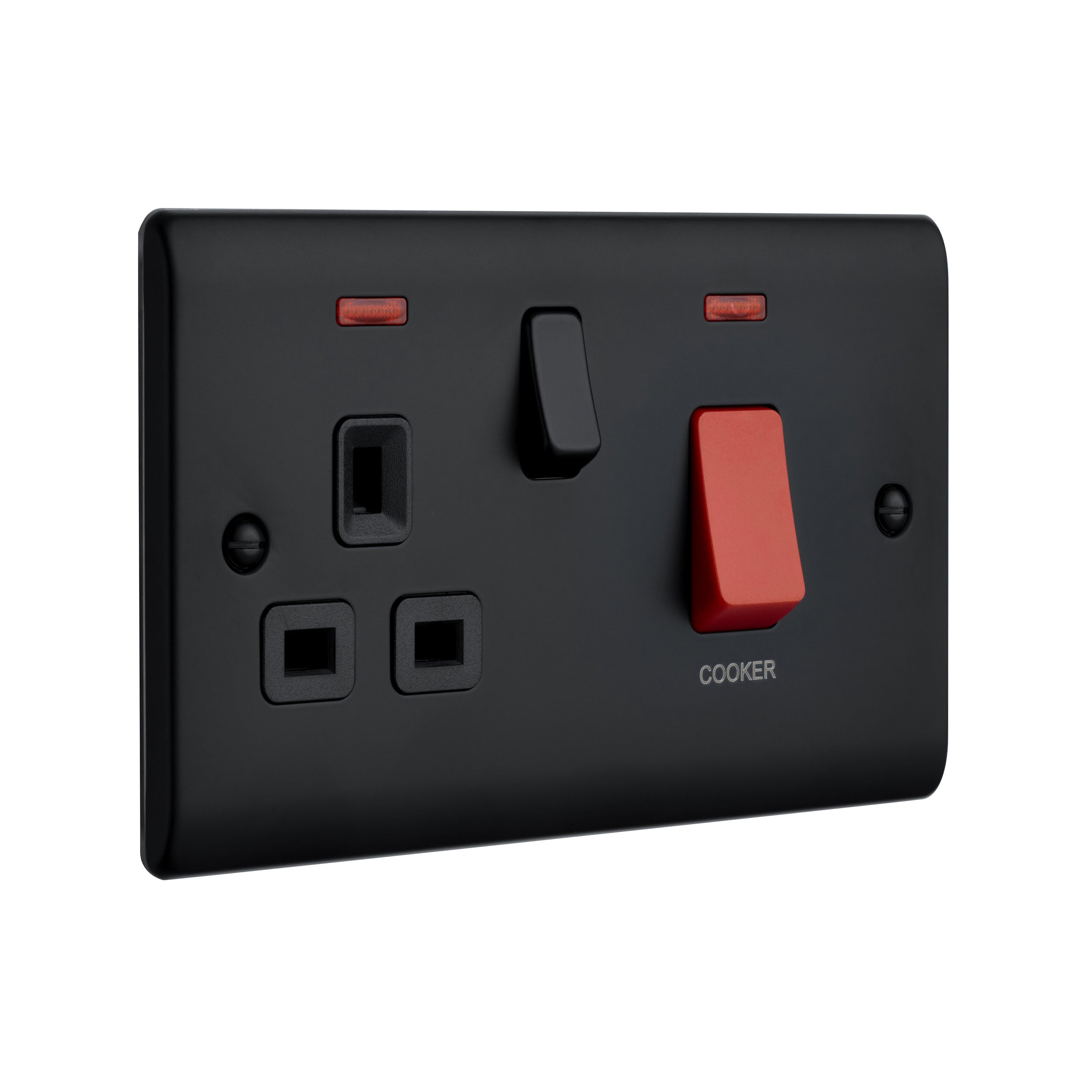 Saxby Raised Screwed 45A DP Cooker Switch with 13A Socket with Neon - Matt Black With Black Insert RS551BLB