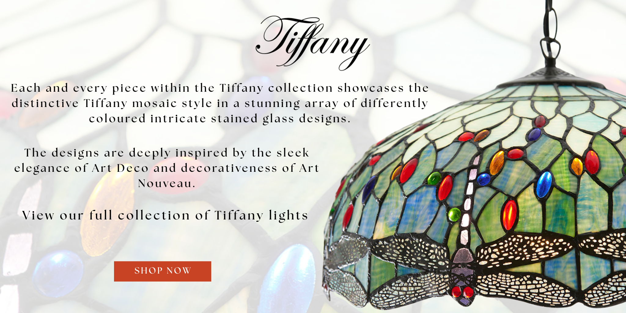 Tiffany-style stained glass lamp with dragonfly design on a white background