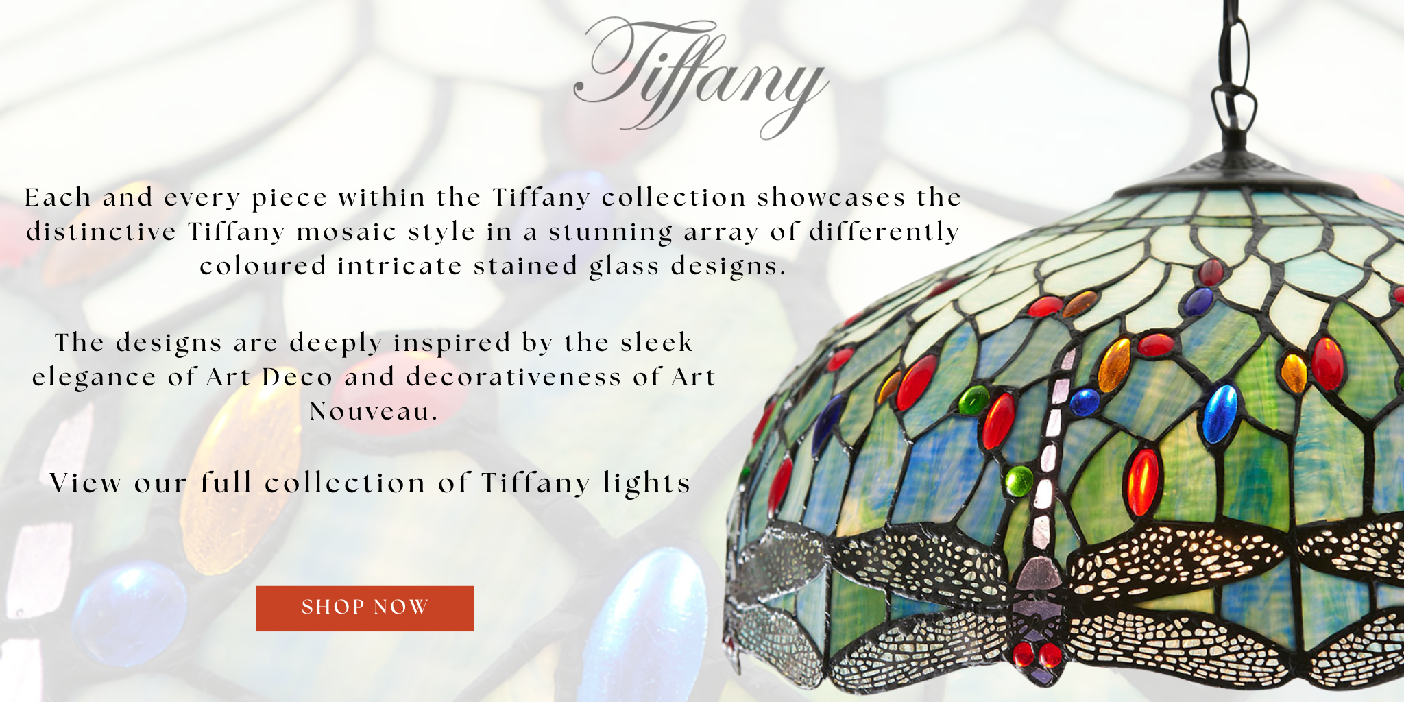 Tiffany-style stained glass light fixture with dragonfly design on a white background