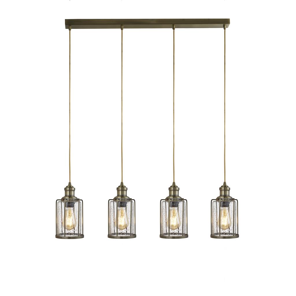 Searchlight Pipes 4Lt Bar Pendant, Antique Brass With Seeded Glass 1164-4Ab